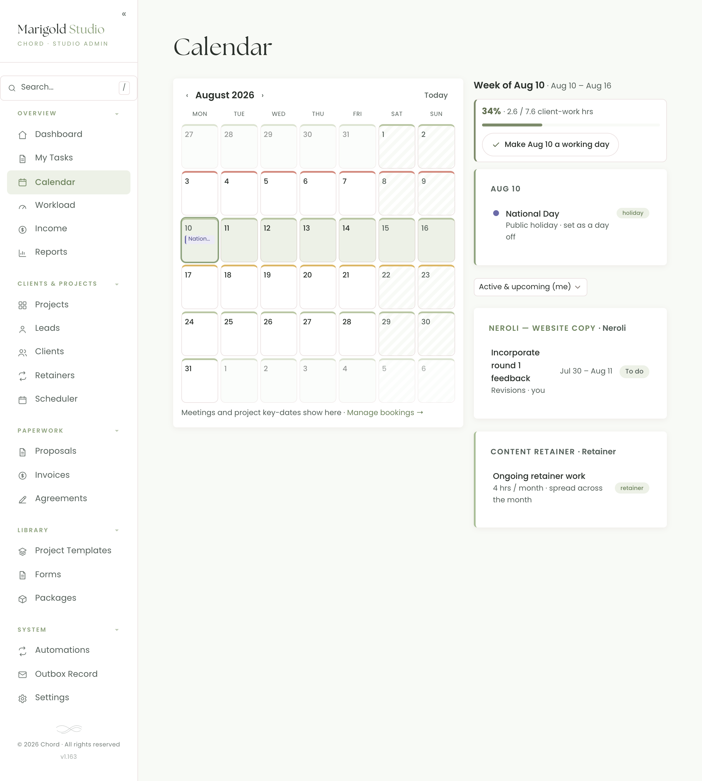 Chord weekly capacity calendar — a busy-week heatmap, working days and public holidays