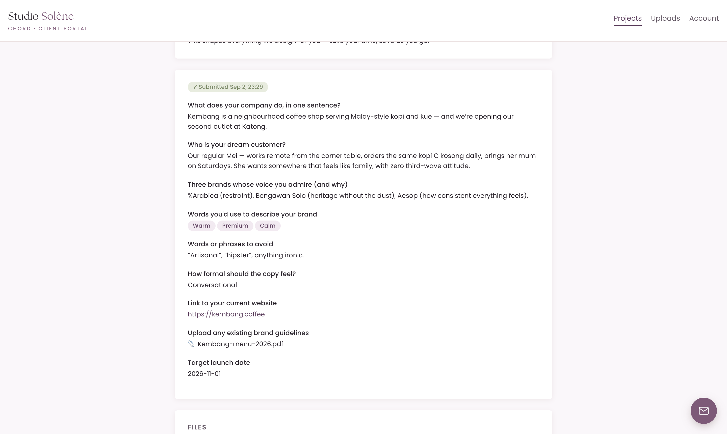 A submitted brand questionnaire in Chord with answers about the company, dream customer, admired brands, words to avoid and target launch date