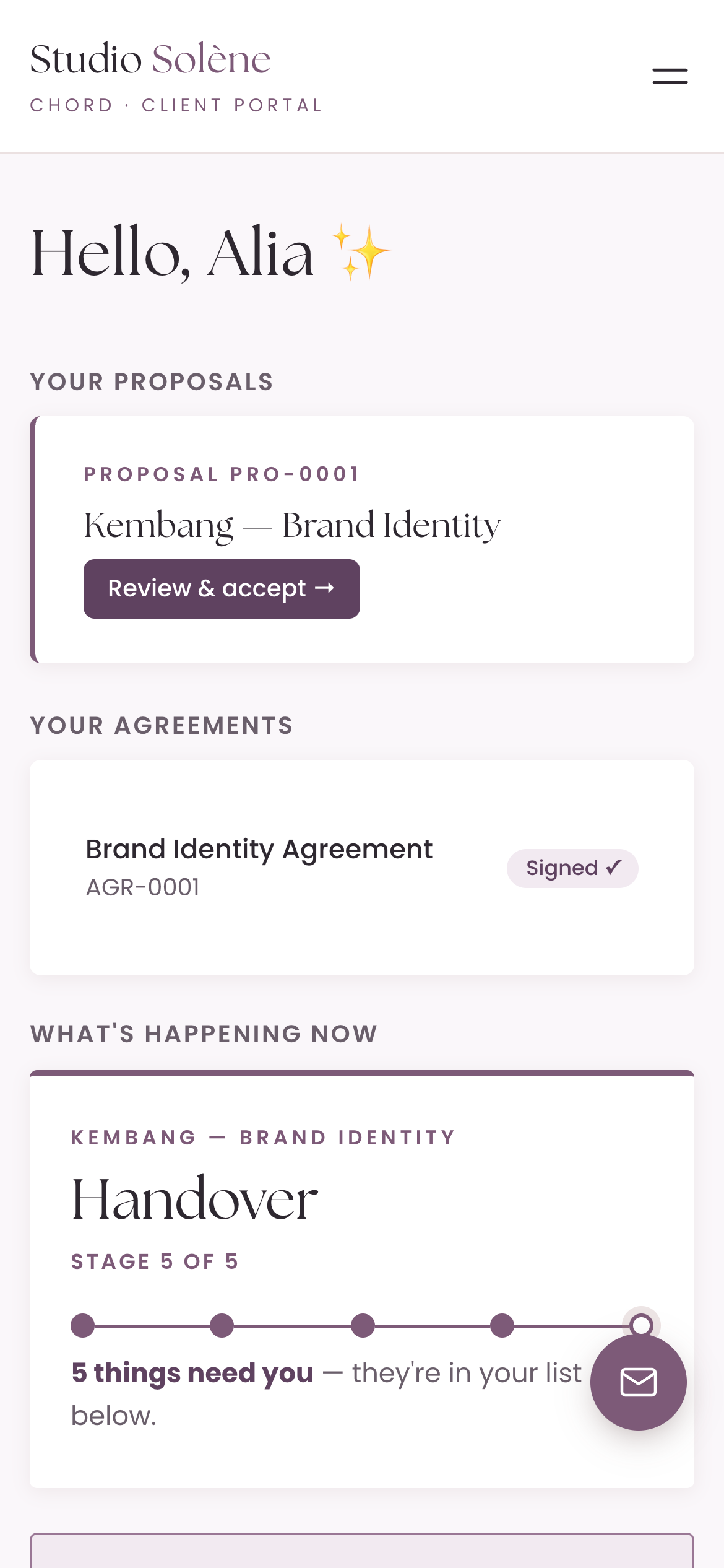 A client's Chord portal on a phone showing the brand identity proposal, signed agreement and the project's progress toward handover