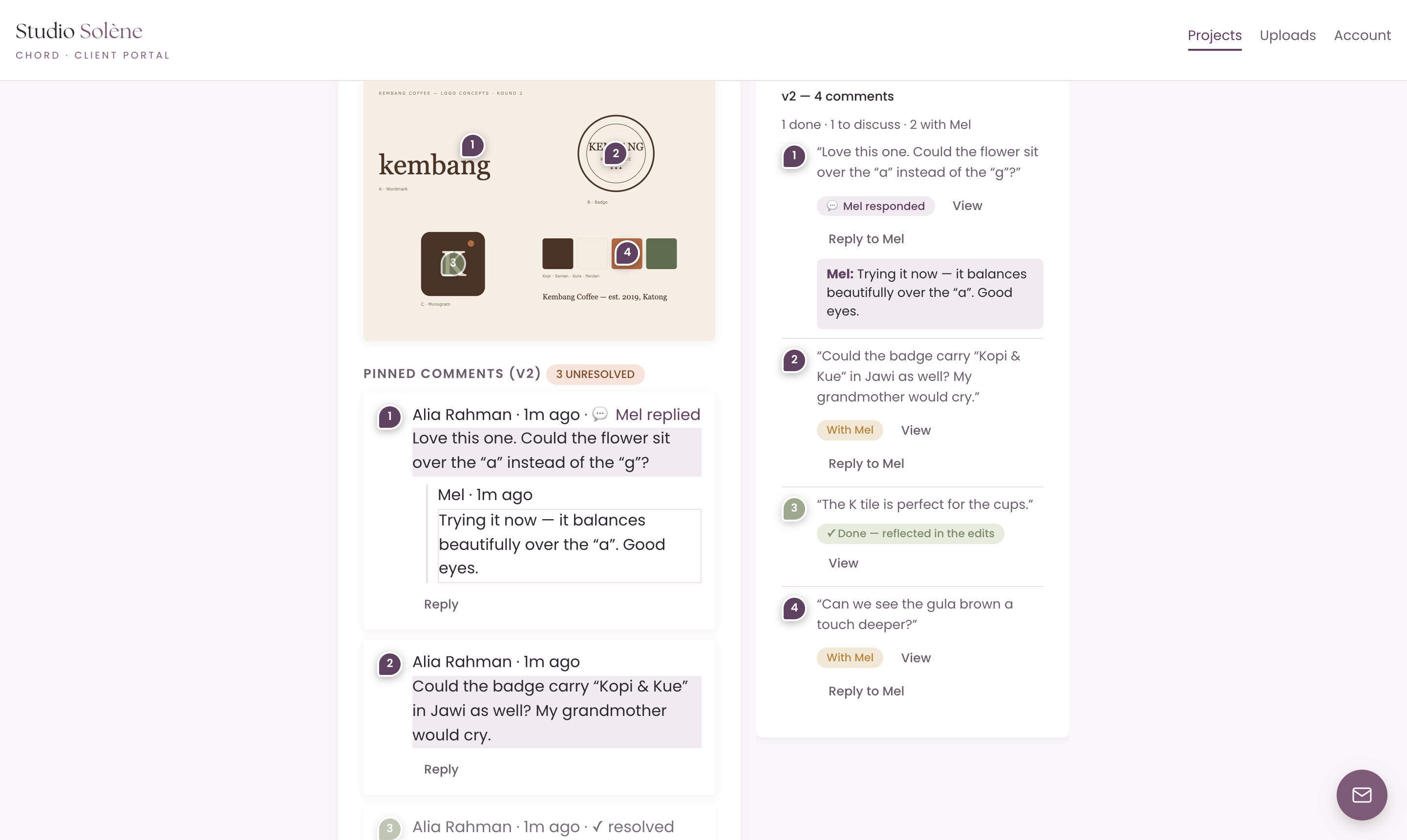 A client reviewing logo concepts in Chord with numbered pins on the wordmark, badge, monogram and colour chips, and threaded replies from the designer beside the artwork