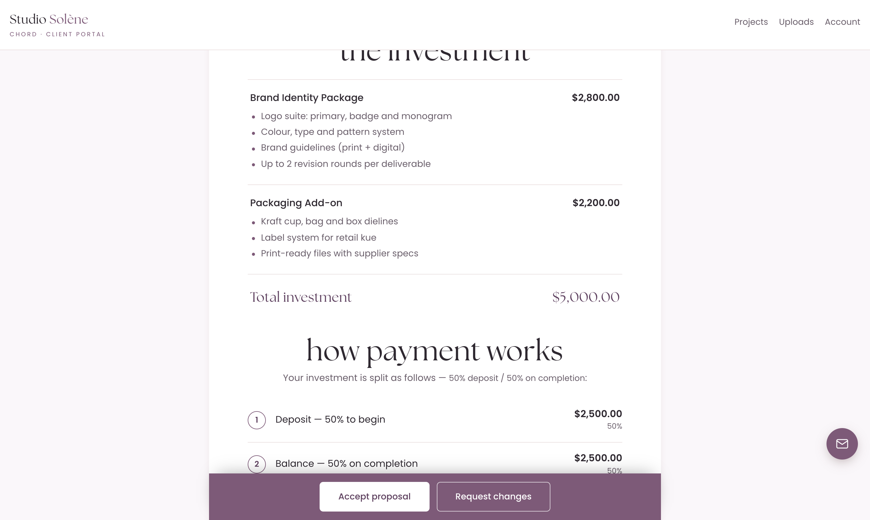 A brand identity proposal in Chord showing a Brand Identity Package and Packaging Add-on with prices, the payment split, and Accept proposal button