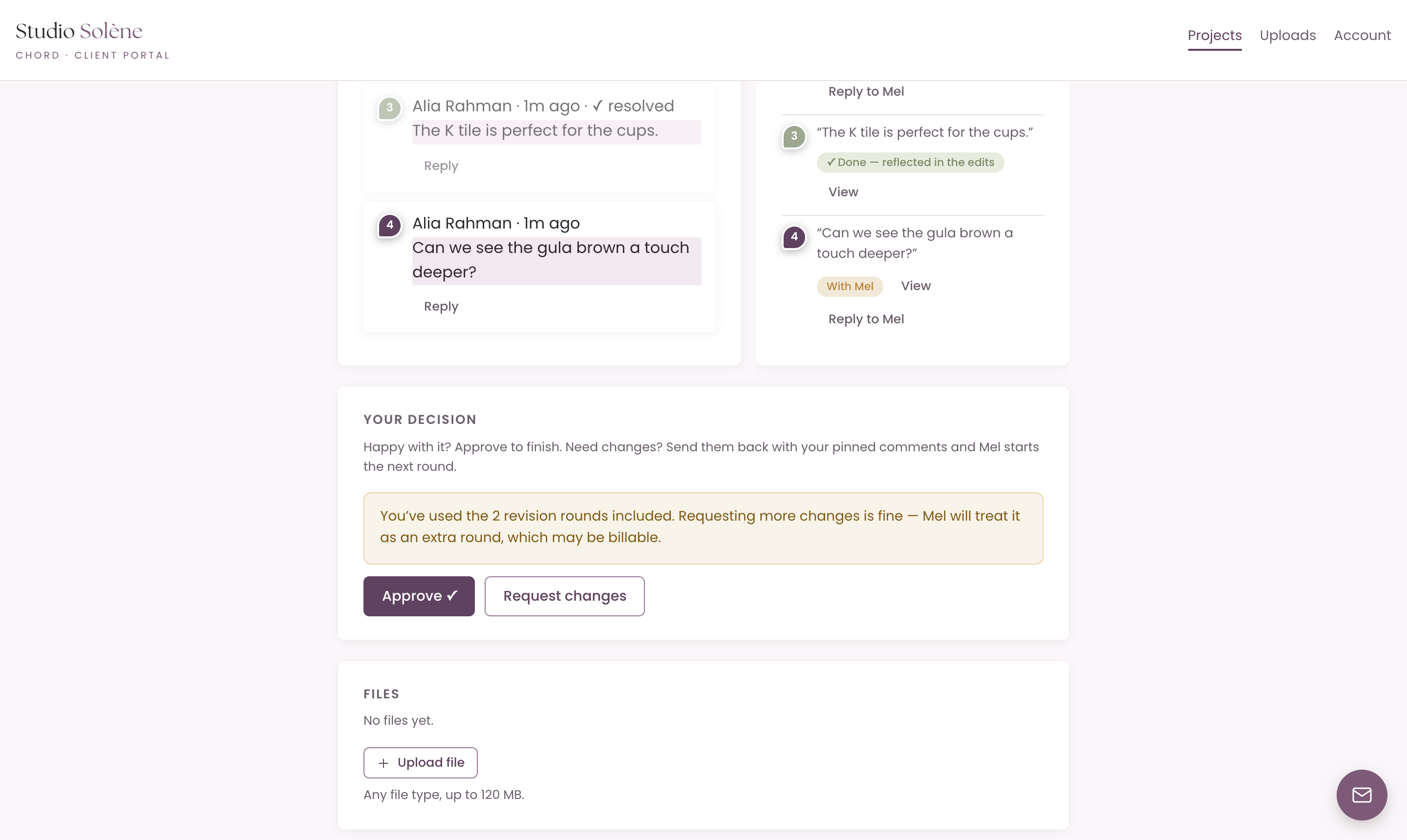 Chord's client review screen at the round cap, with a notice that the two included revision rounds are used and further changes may be billable, above Approve and Request changes buttons