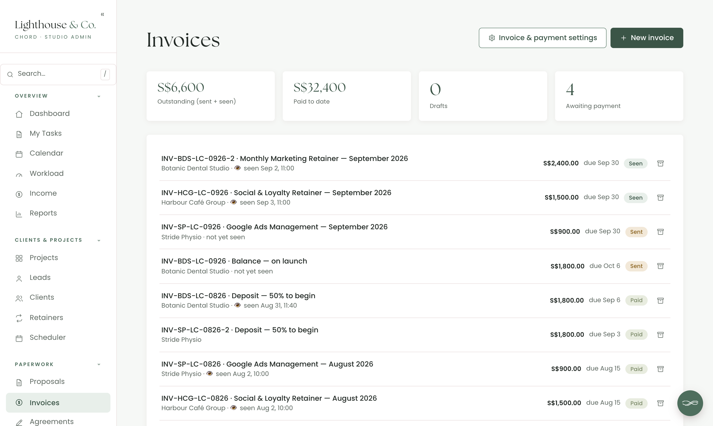Chord's invoices list with September retainer invoices for three clients, their amounts, due dates and whether each client has seen them