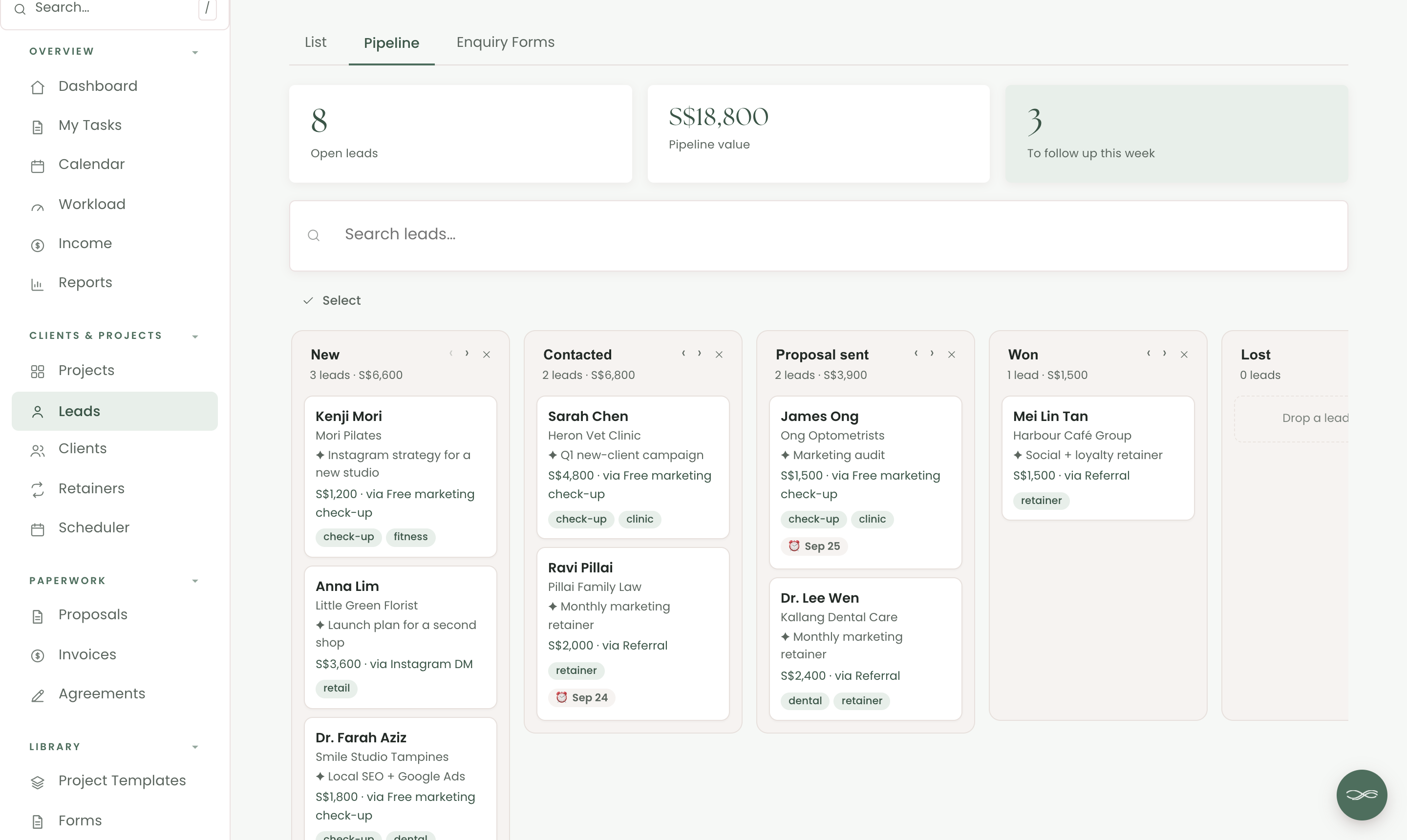 Chord's leads pipeline with New, Contacted, Proposal sent, Won and Lost columns, each lead showing its value, source, tags and follow-up date