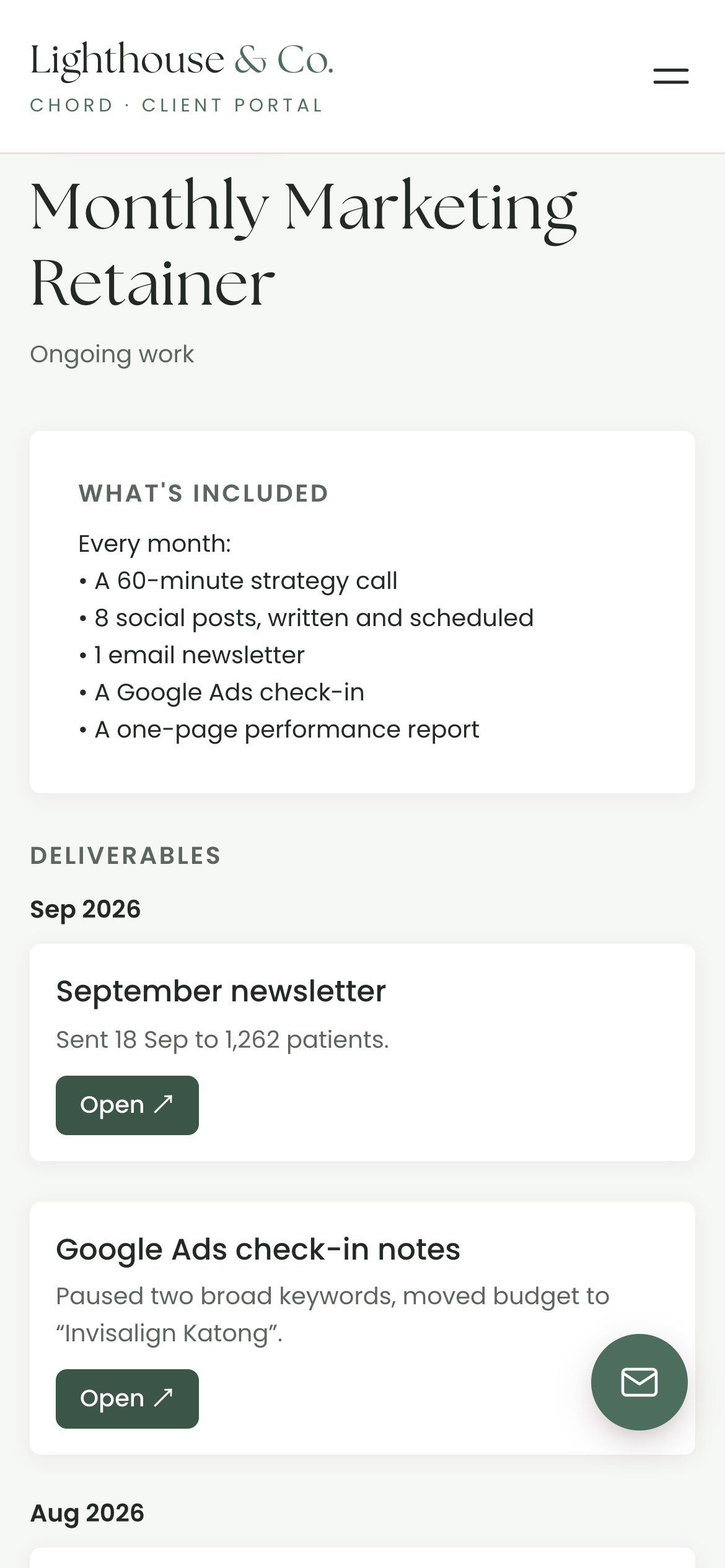 A client's Chord portal on a phone showing the Monthly Marketing Retainer, what's included every month, and September's deliverables with short notes and Open links