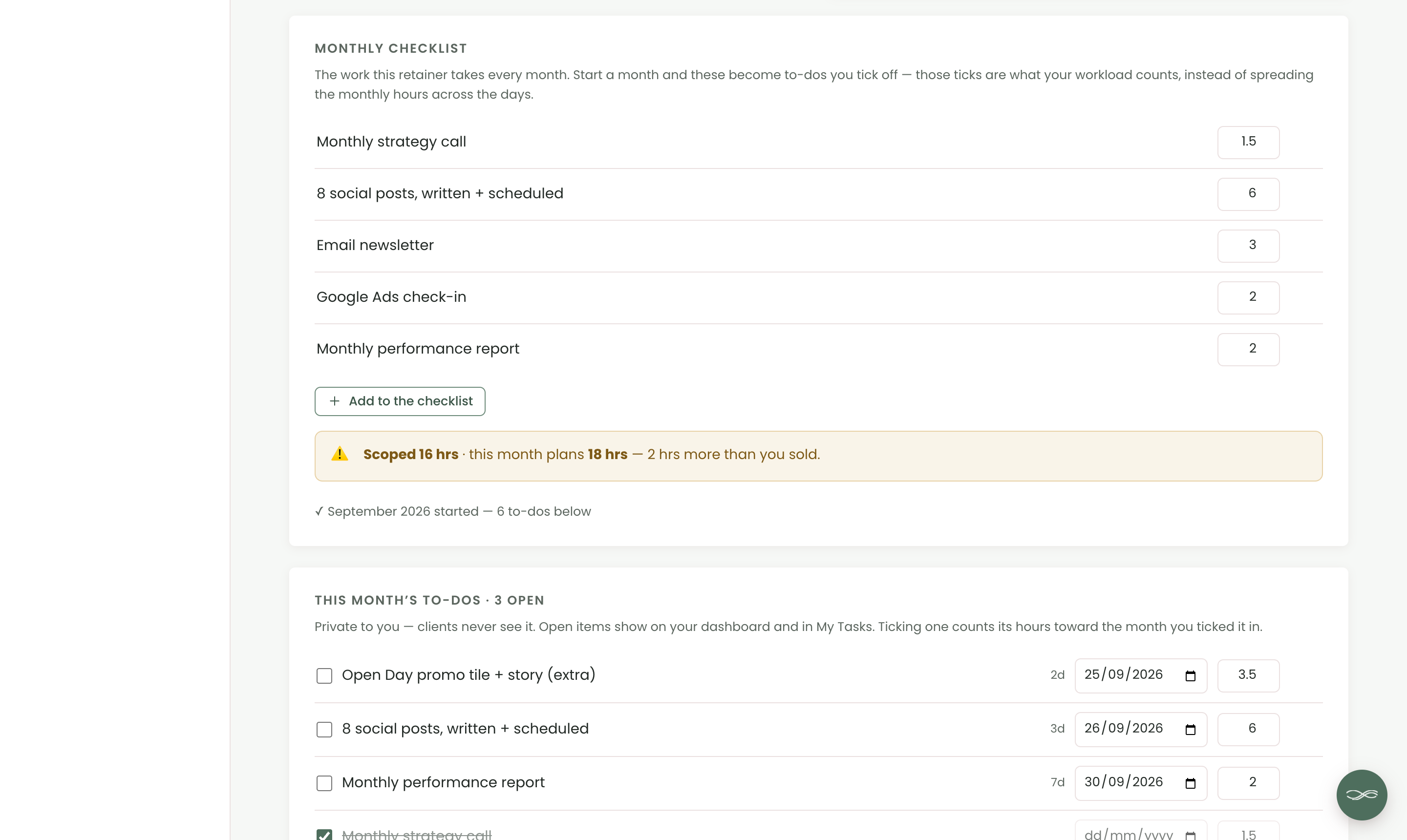 A Chord retainer's monthly checklist for Botanic Dental Studio with a strategy call, social posts, newsletter, Google Ads check-in and report, and a warning that the month plans 18 hours against 16 scoped