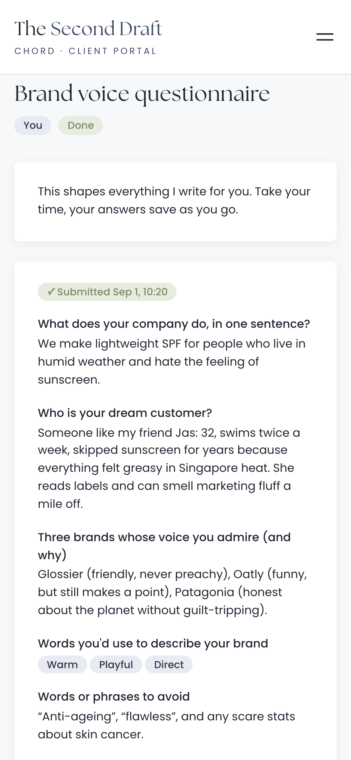 A client's submitted brand voice questionnaire on a phone in Chord, with answers about the company, the dream customer, admired brands, three brand words and words to avoid