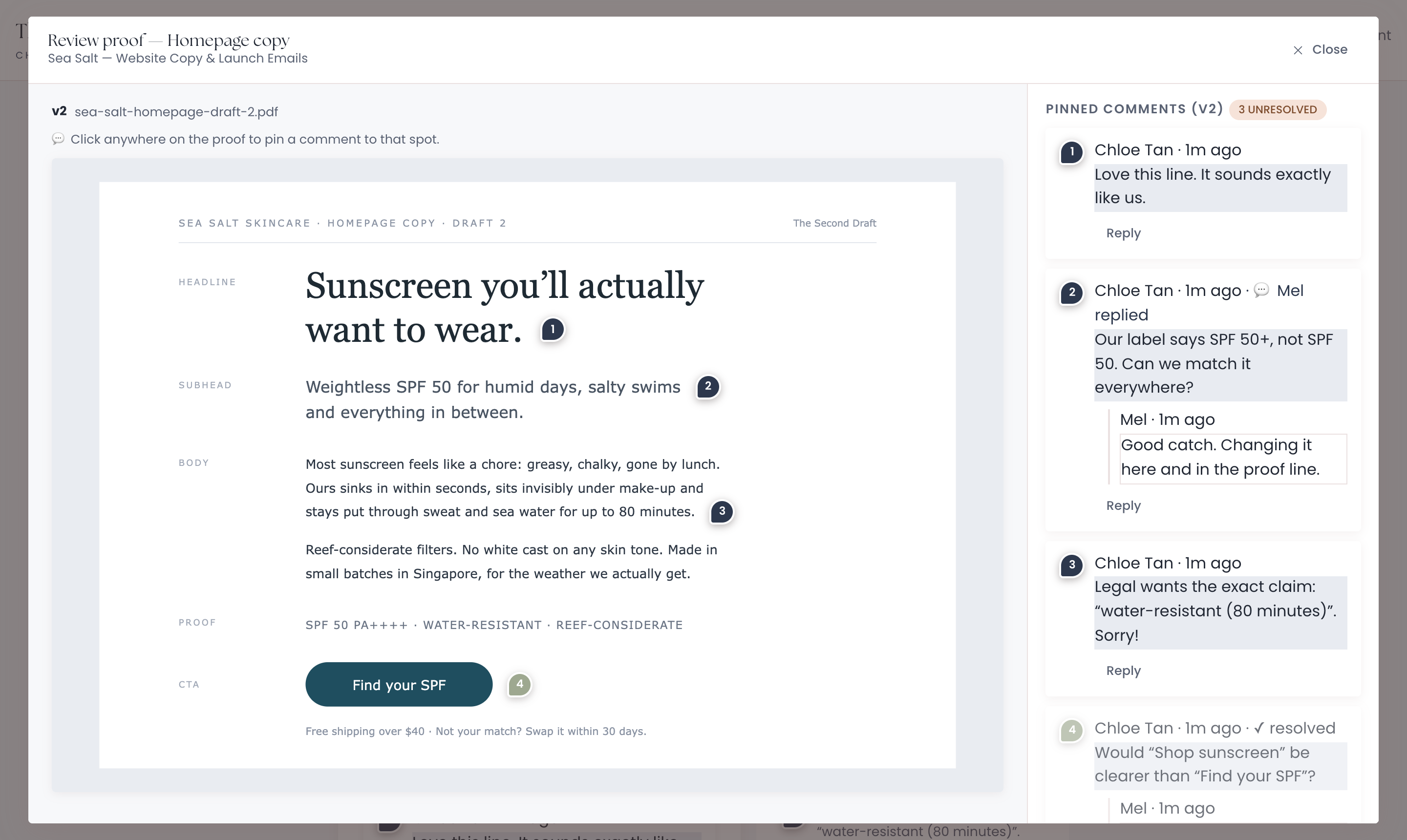 A homepage copy draft for Sea Salt Skincare in Chord's proof viewer, with four numbered pins beside the headline, subhead, body and button, and the client's comments and the writer's replies alongside