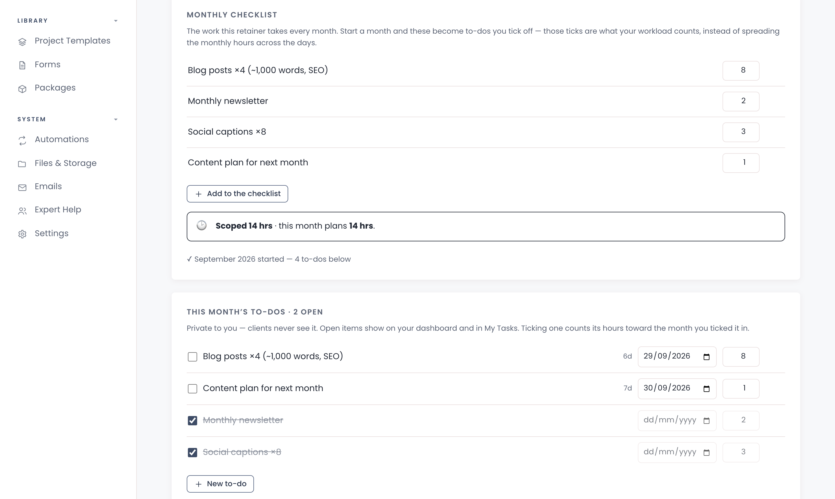 A Chord retainer's monthly checklist with four blog posts, a newsletter, eight social captions and a content plan, each with its hours, above this month's to-dos with two ticked off