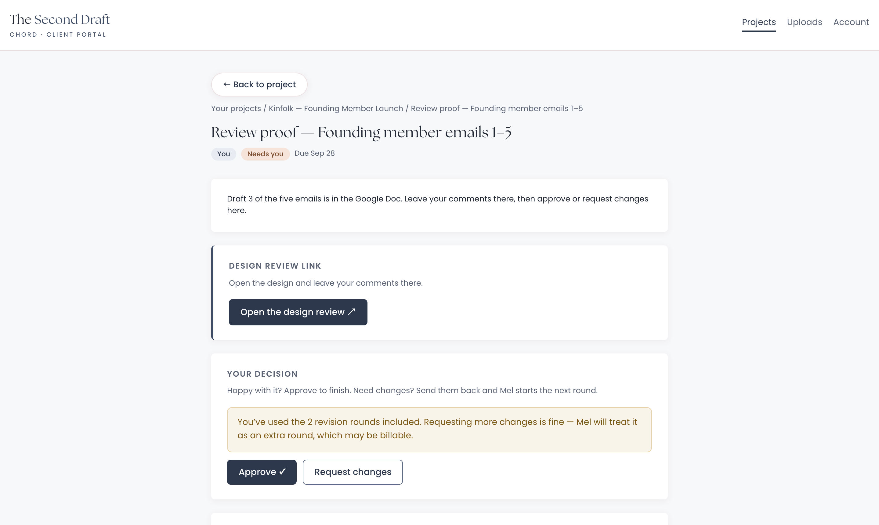 A client's review screen in Chord with a notice that both included revision rounds are used and more changes will count as an extra round that may be billable, above Approve and Request changes buttons