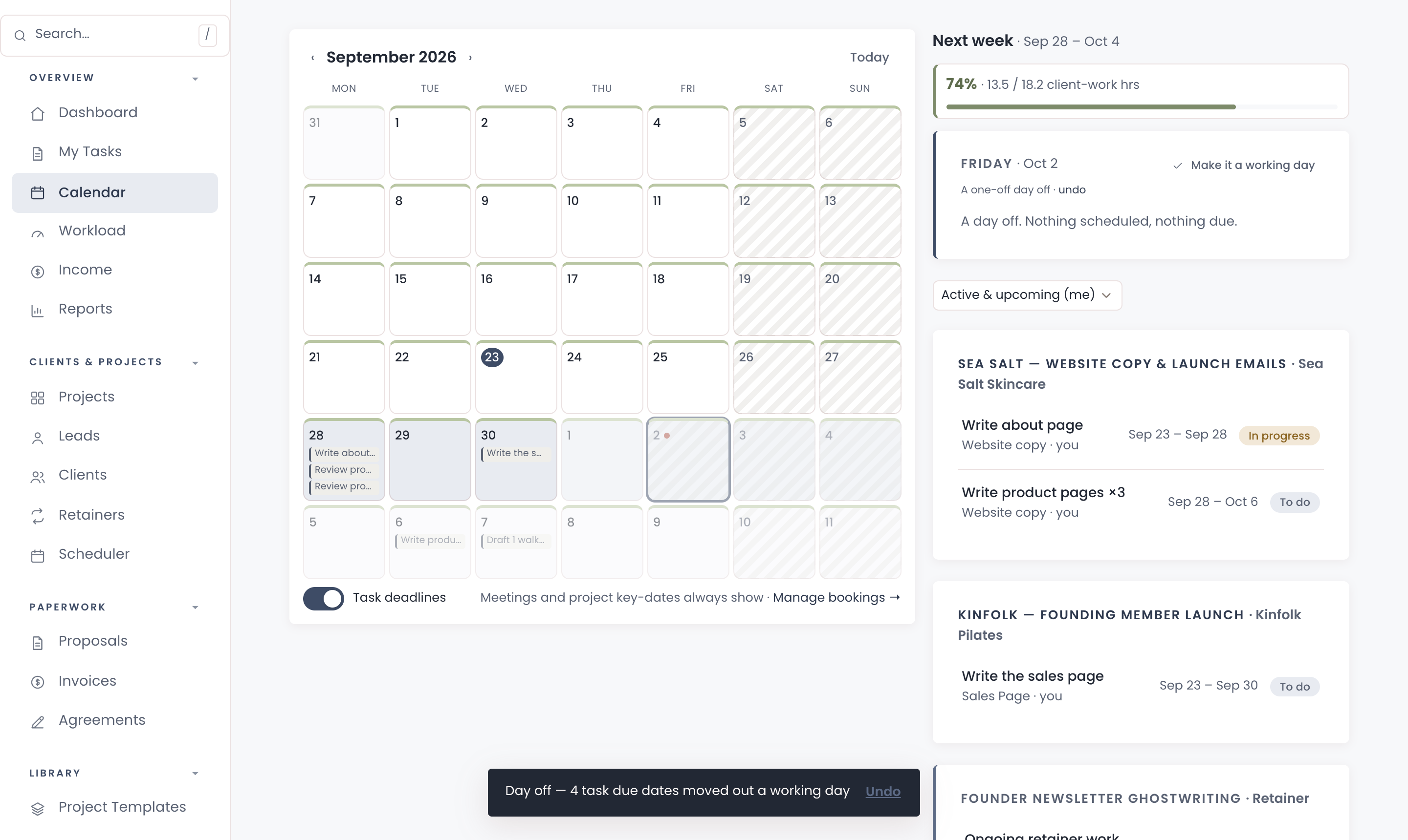 Chord's calendar after taking Friday 2 October off, with a message saying four task due dates moved out a working day and an Undo button, beside next week's writing tasks