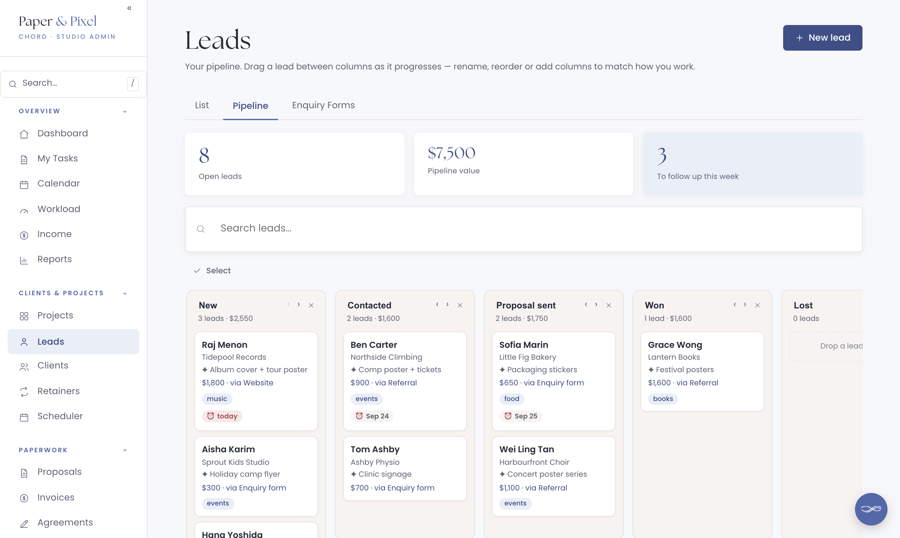 Chord's Leads pipeline with columns for New, Contacted, Proposal sent and Won, each card showing the enquiry, its value, source, tags and follow-up date