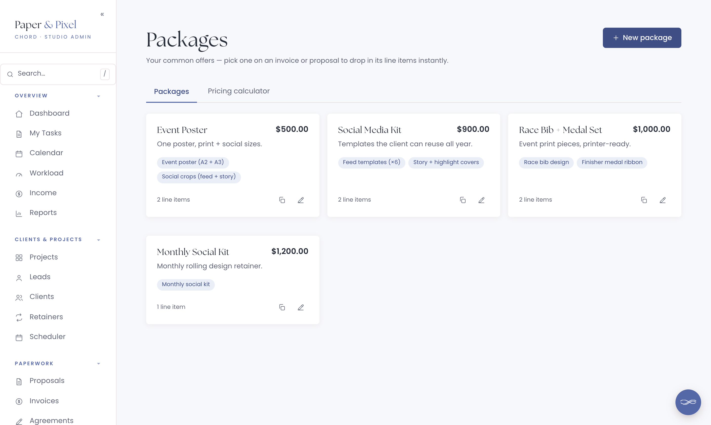 Chord's Packages page showing Event Poster, Social Media Kit, Race Bib and Medal Set, and Monthly Social Kit, each with its price and line items
