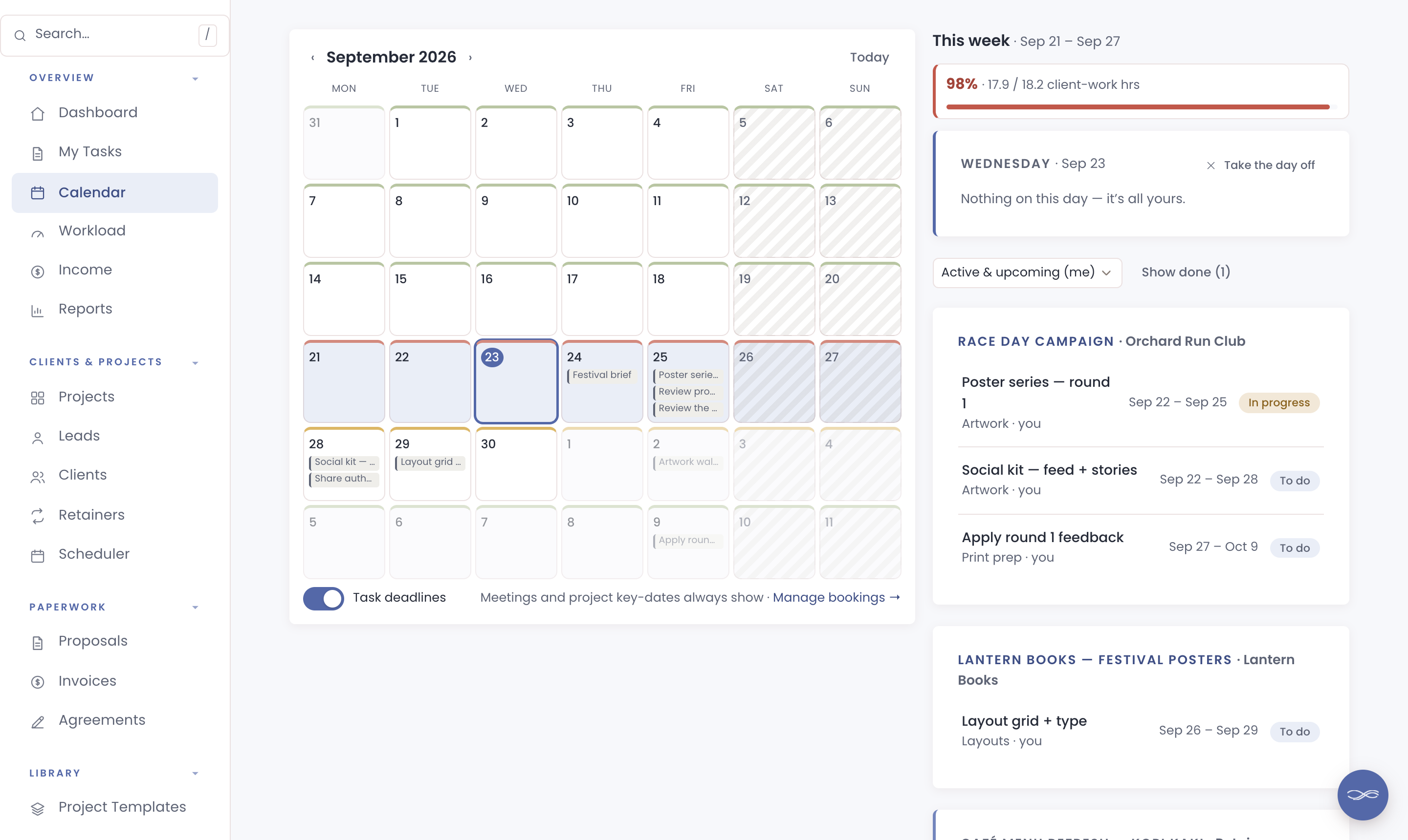 Chord's calendar for September with this week striped red at 98% of capacity, next week amber and earlier weeks green, beside this week's tasks