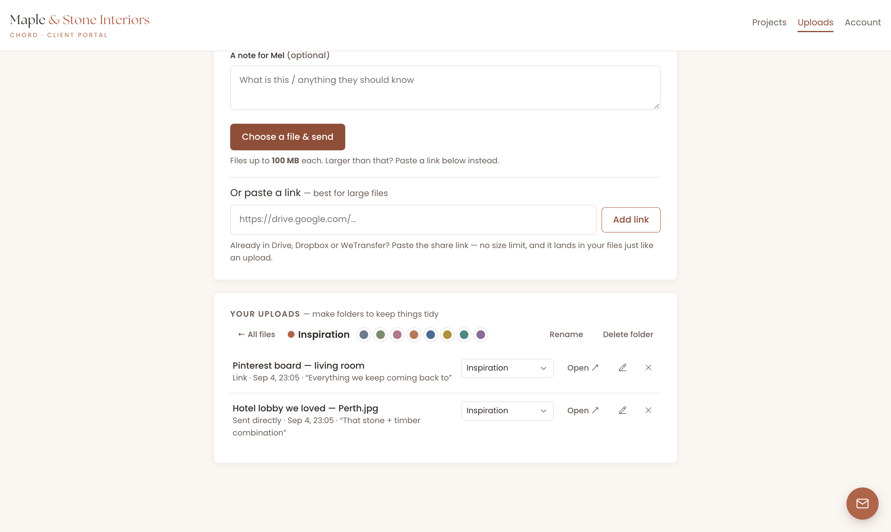 A client's Uploads tab in Chord showing the paste-a-link option and an open Inspiration folder containing a Pinterest board link and a hotel lobby reference photo