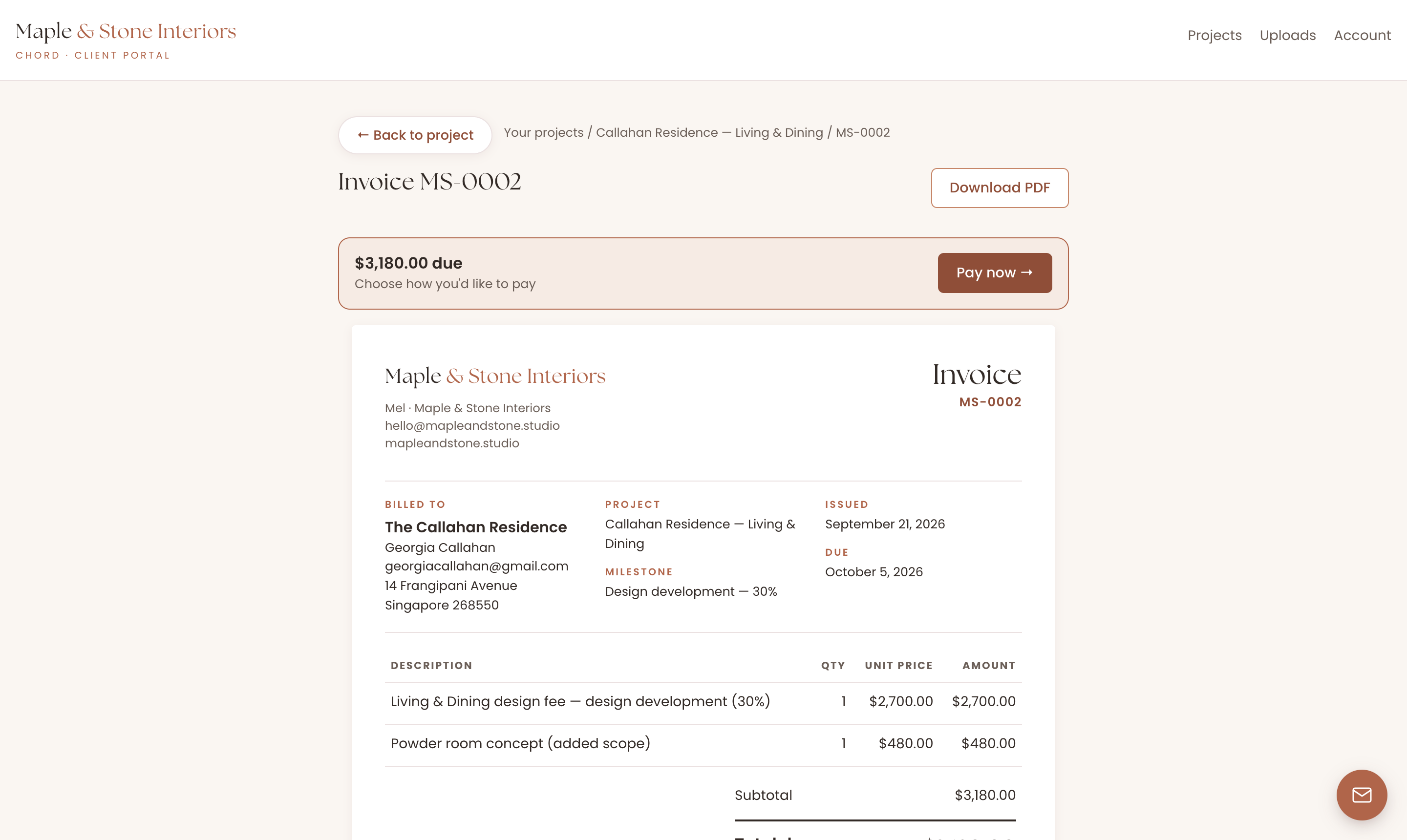 A milestone invoice in Chord for the design development phase of a renovation, with a line for added scope and a pay-now option in the client portal