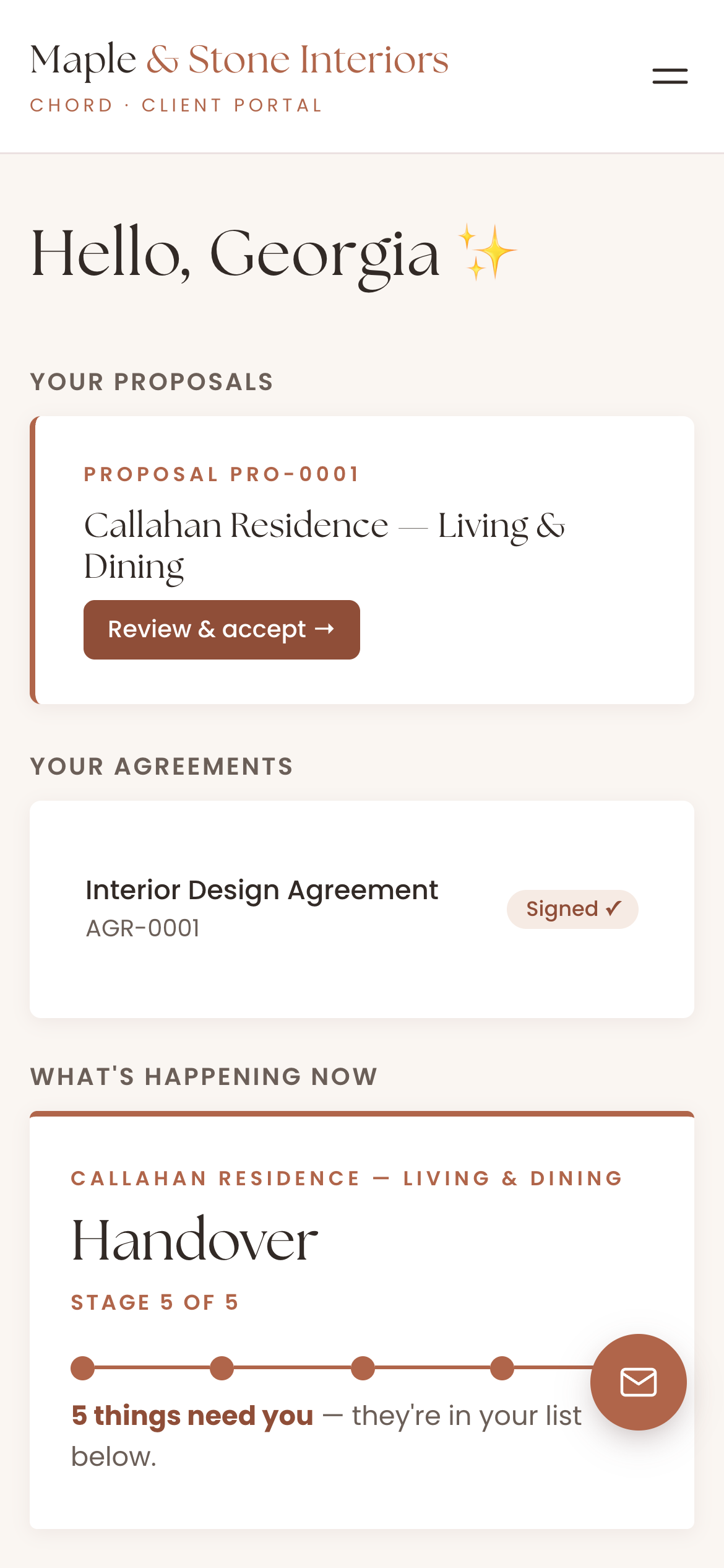 A homeowner's Chord portal on a phone showing the proposal, the signed design agreement and the renovation's progress toward handover