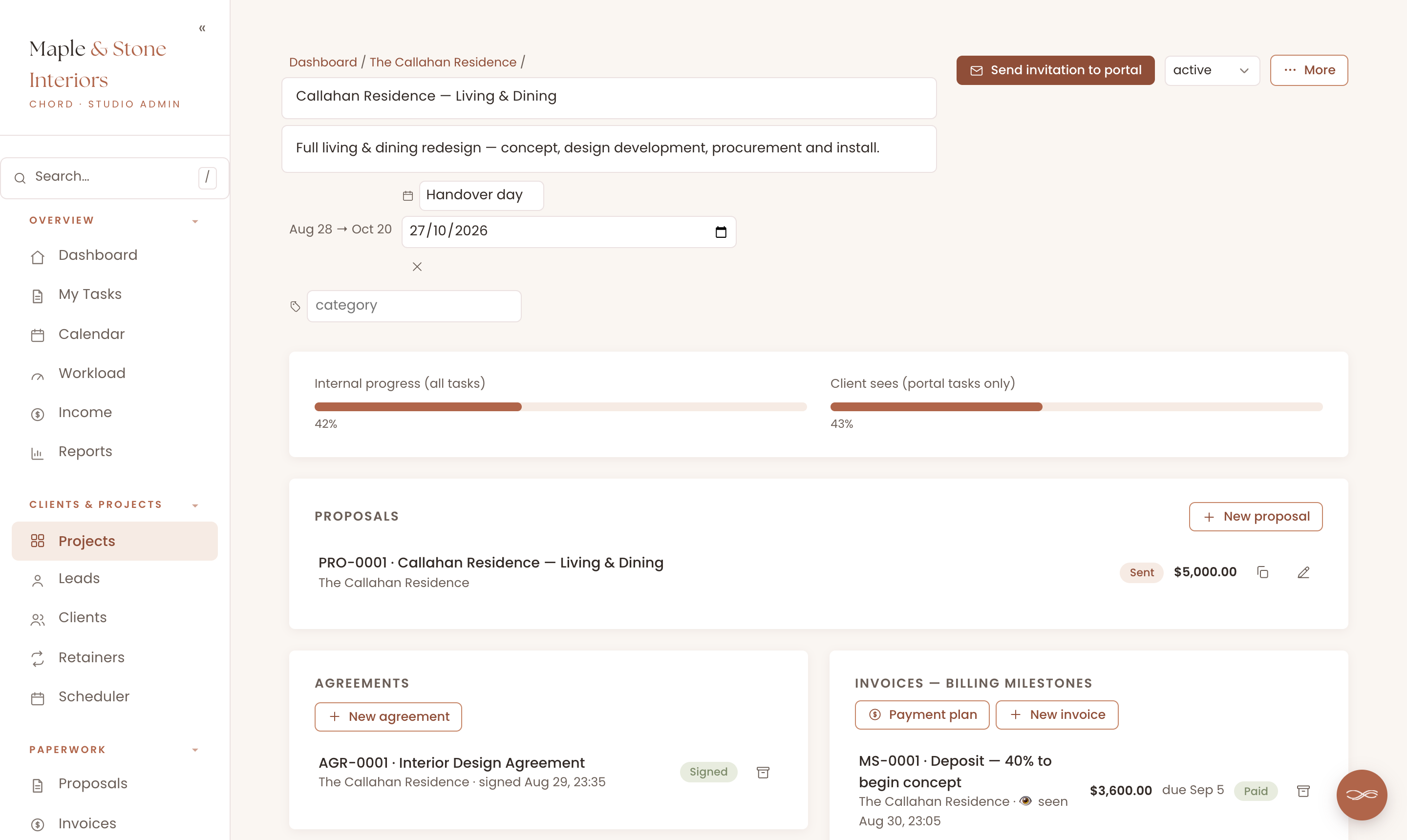 A renovation project in Chord with a Handover day key date, phases from Concept to Handover, the deposit invoice paid and the design agreement signed on one page