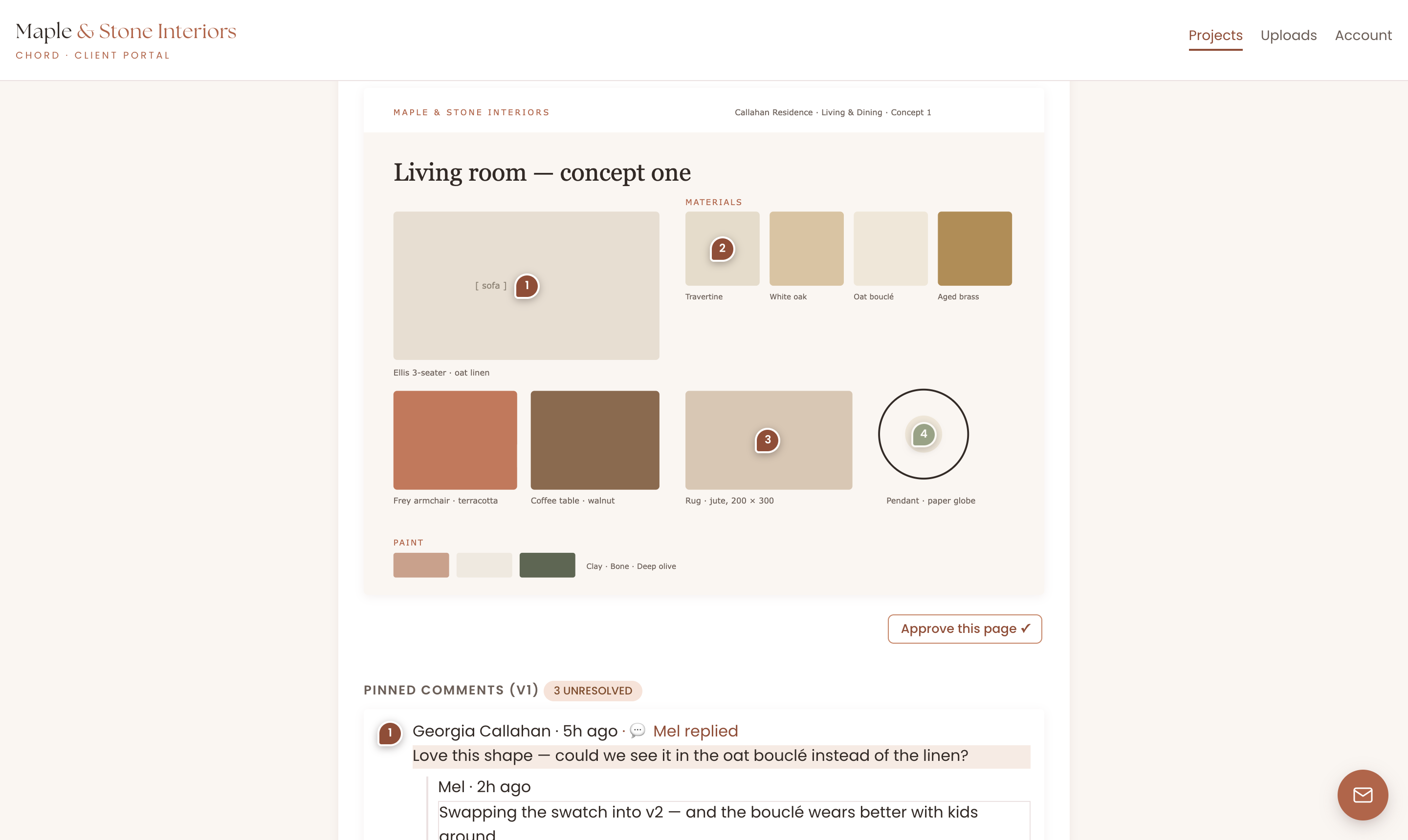 A client reviewing a living room concept board in Chord, with numbered pinned comments on the sofa, a travertine swatch, the rug and a pendant, and the designer's replies underneath