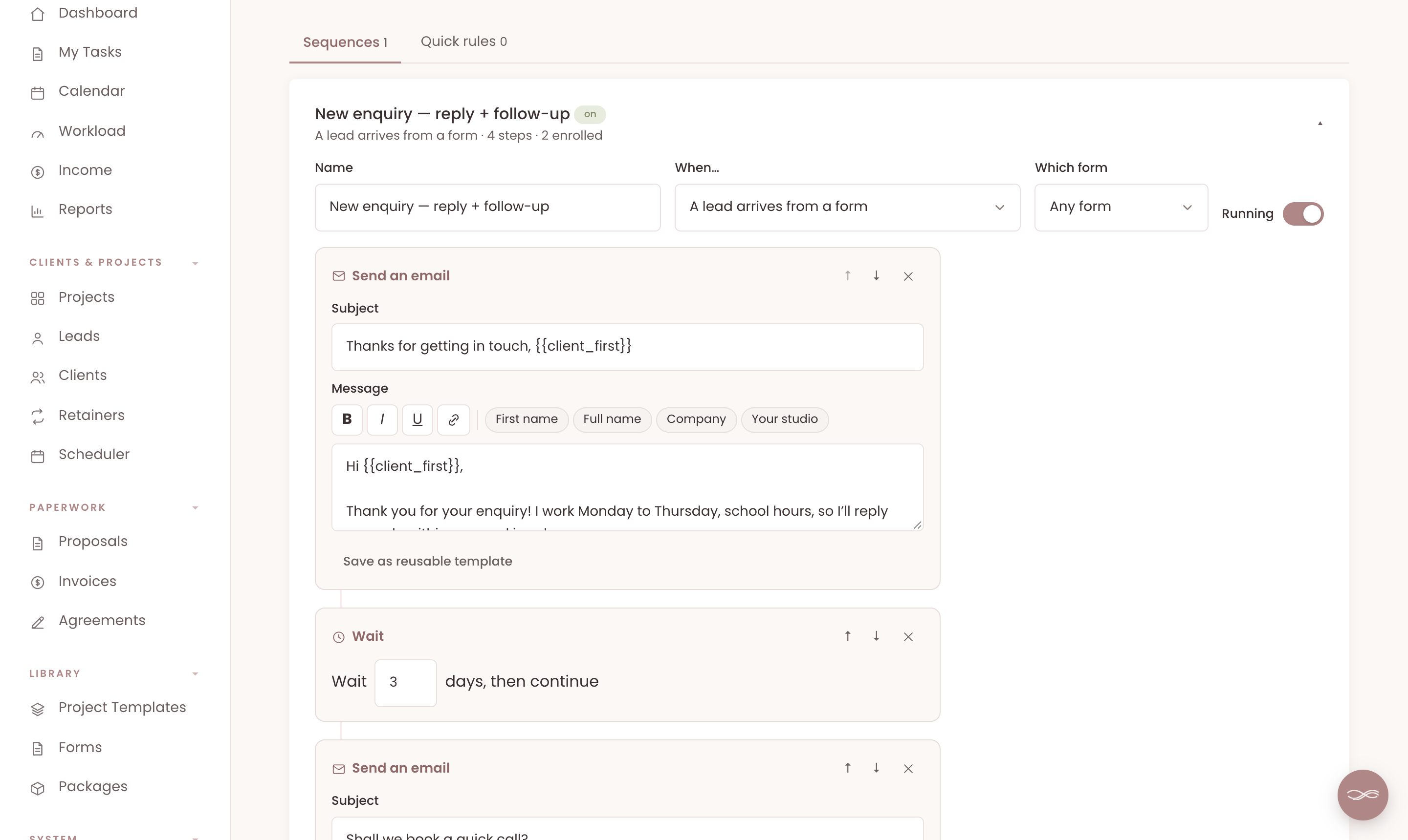 A Chord sequence called New enquiry, reply and follow-up, triggered when a lead arrives from a form, with a thank-you email, a three-day wait and a follow-up email