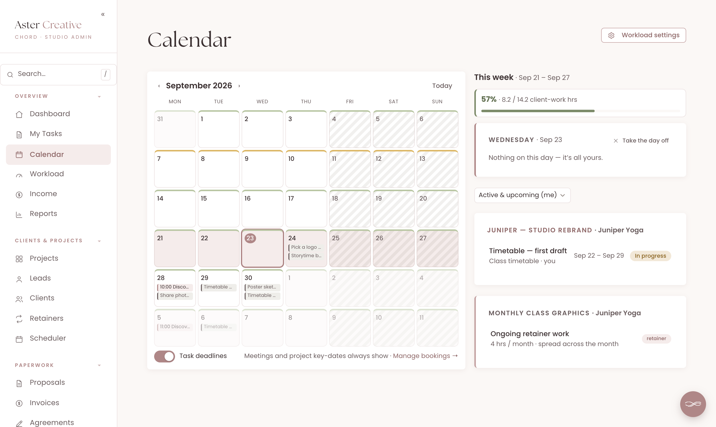 Chord's calendar for September with Friday to Sunday hatched as non-working days, weeks coloured green and amber, and this week at 57% of capacity