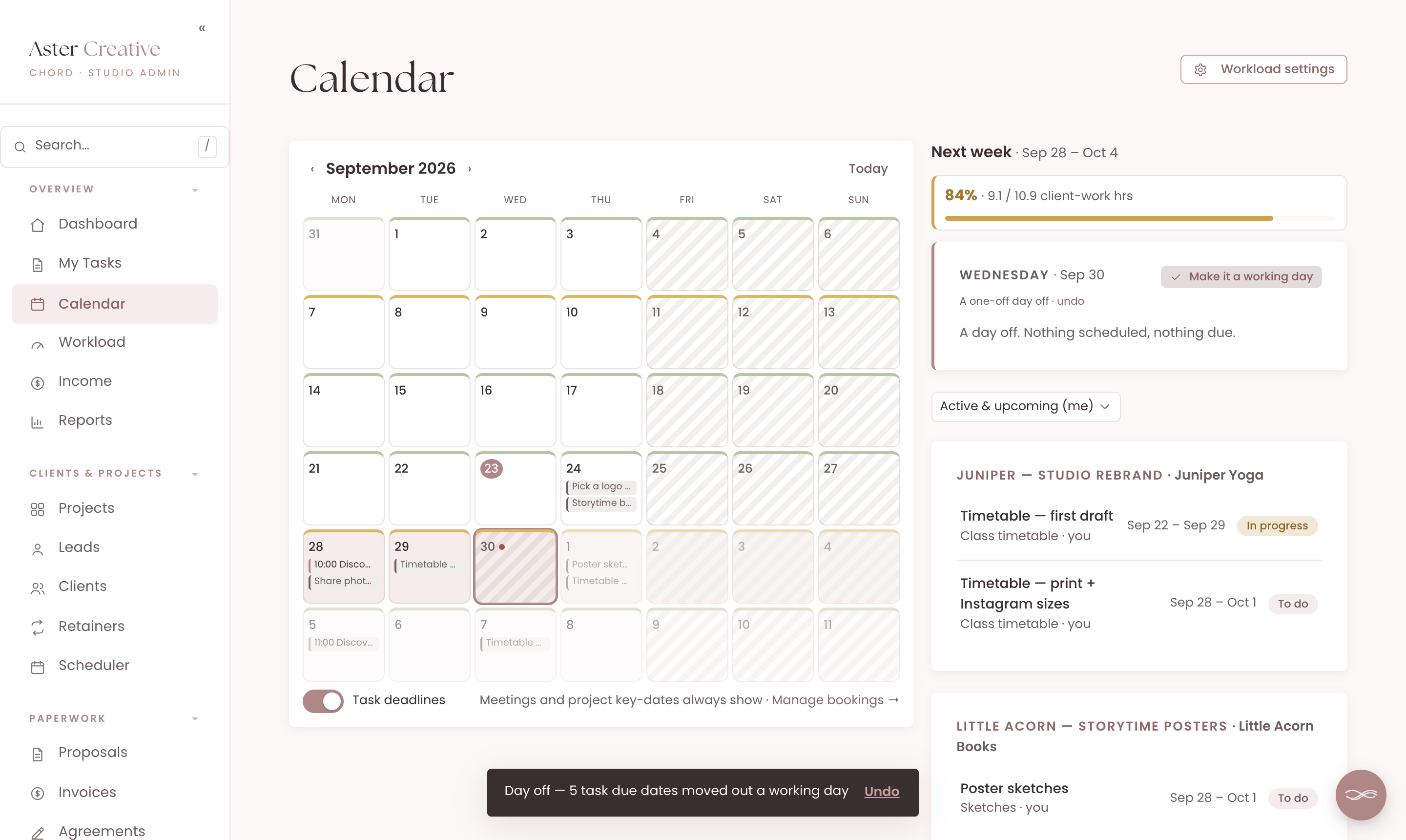 Chord's calendar straight after taking Wednesday 30 September off, with the day hatched, a message saying five task due dates moved out a working day, and an Undo button