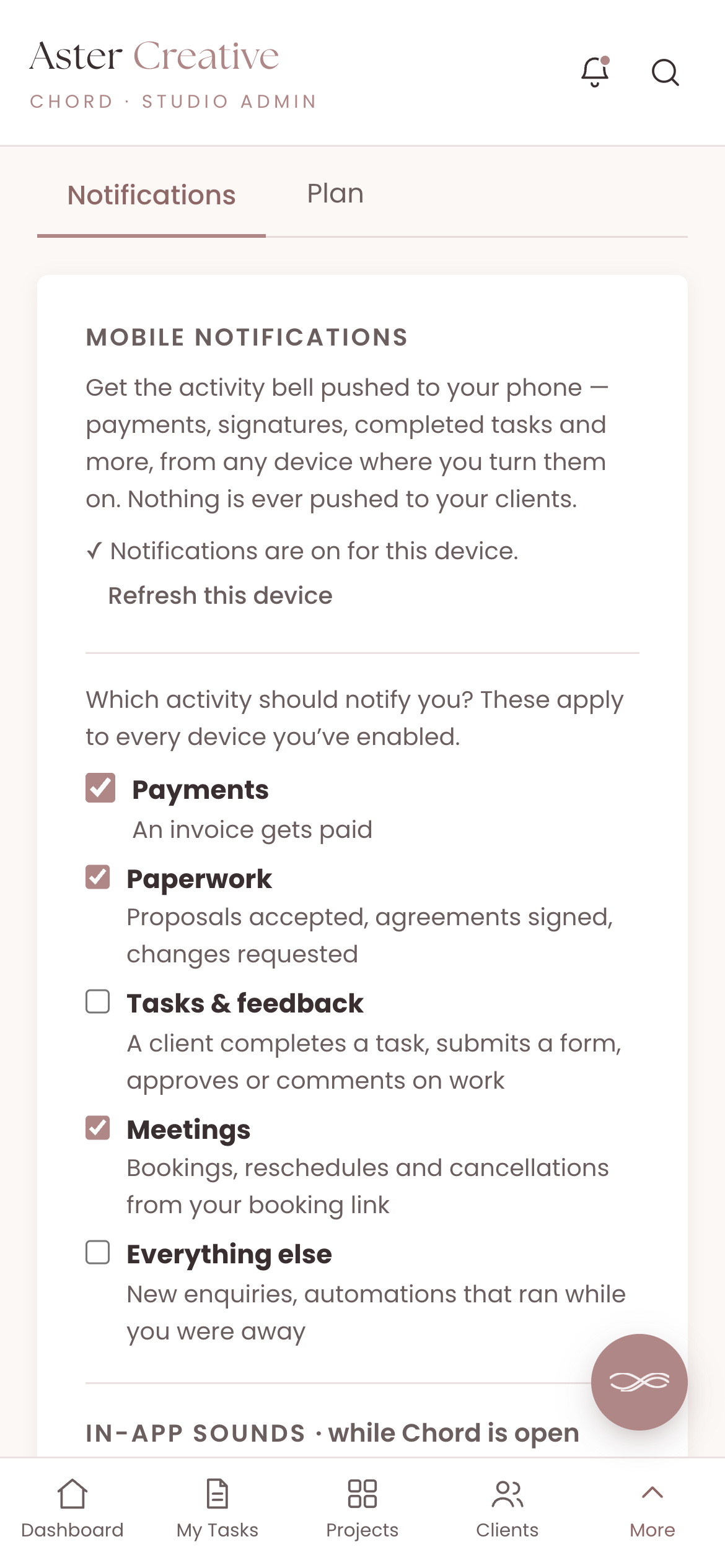 Chord's notification settings on a phone, with Payments, Paperwork and Meetings switched on and Tasks and feedback and Everything else muted