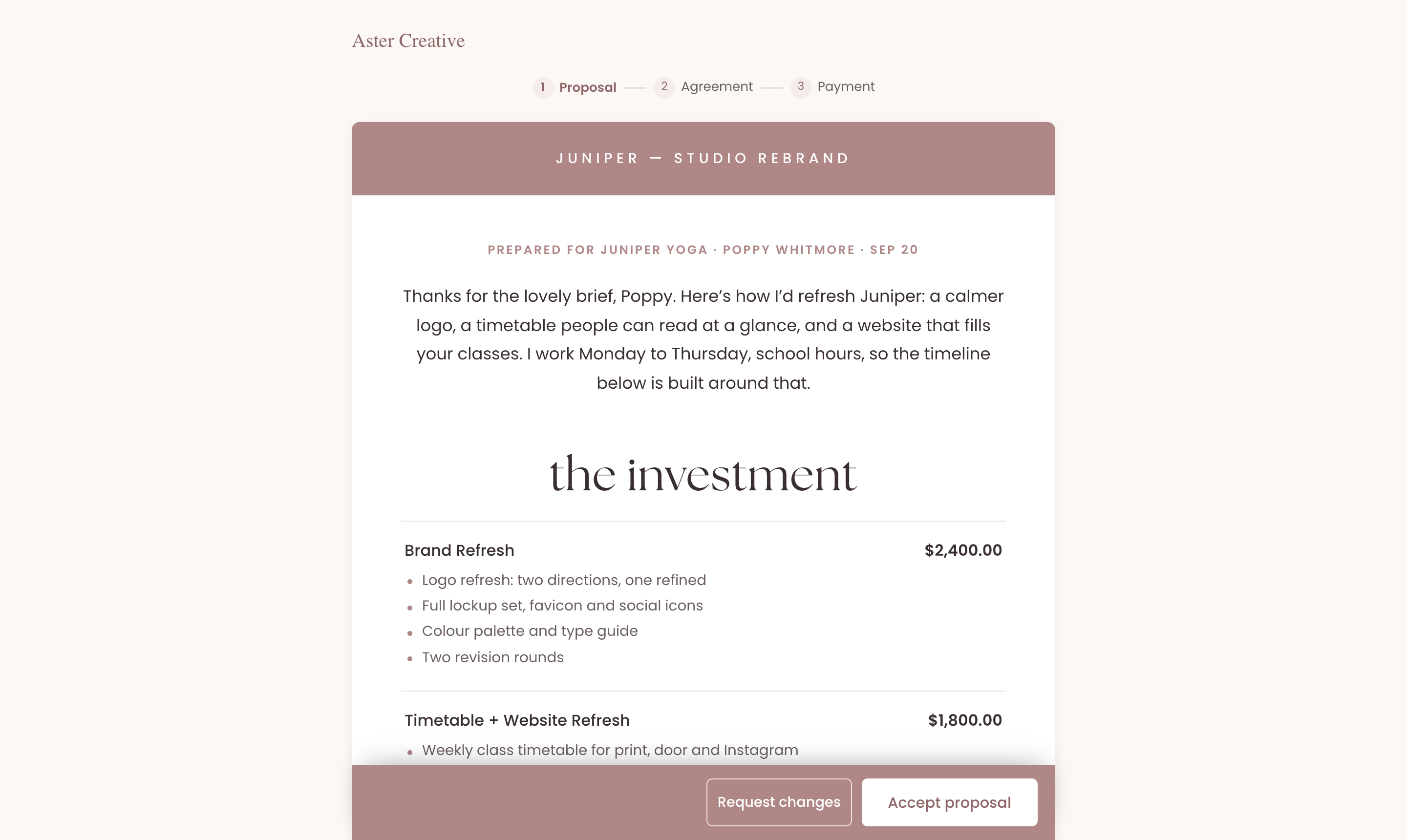 A client's proposal from Aster Creative with a Proposal, Agreement and Payment step bar, two packages at $2,400 and $1,800, and Accept proposal and Request changes buttons