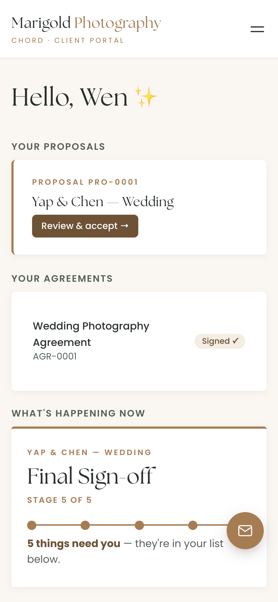 A couple's Chord portal on a phone: proposal to review, signed agreement, and the wedding project with five things needing them