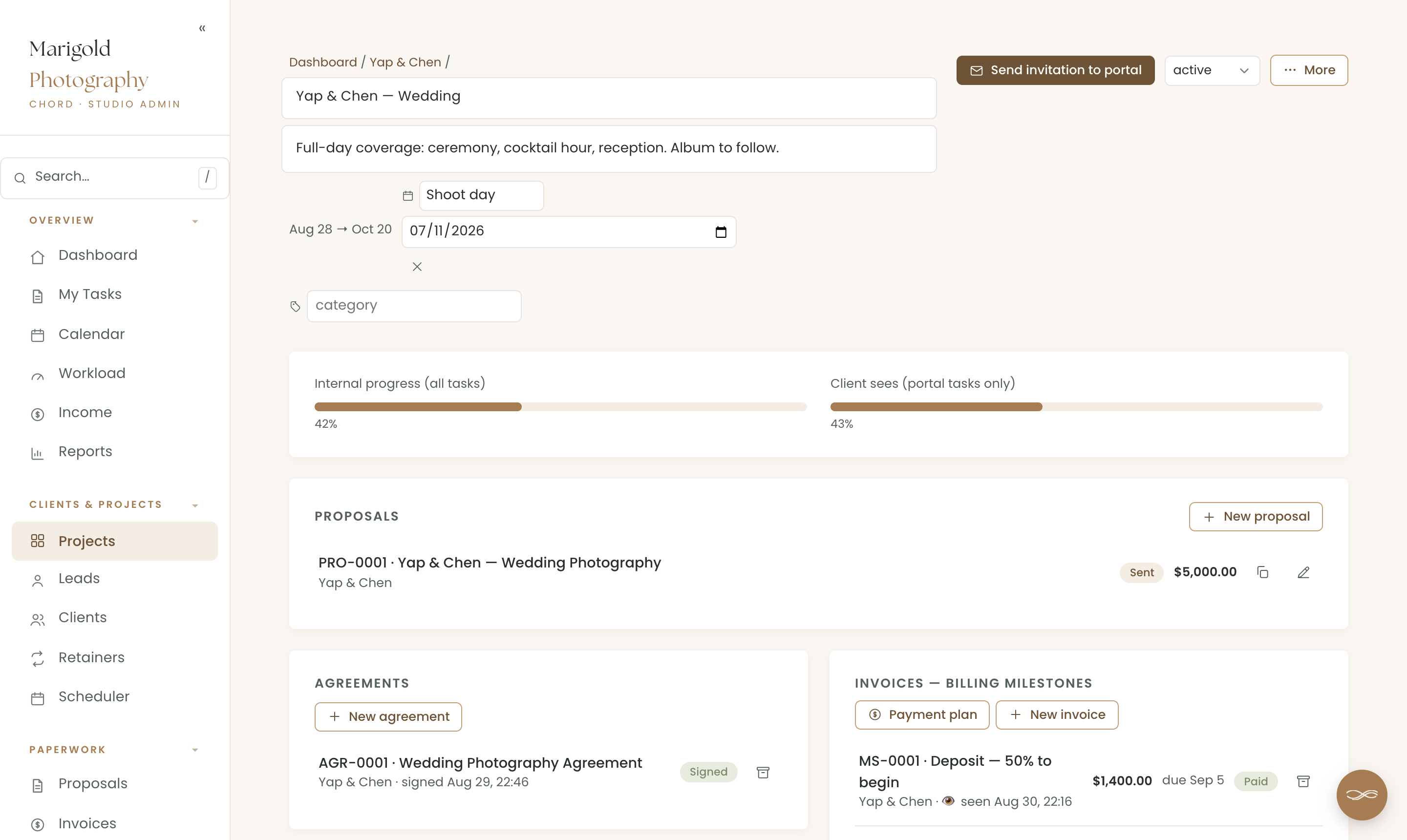 A wedding project in Chord with a Shoot day key date, deposit invoice paid, agreement signed and the proposal linked on one page