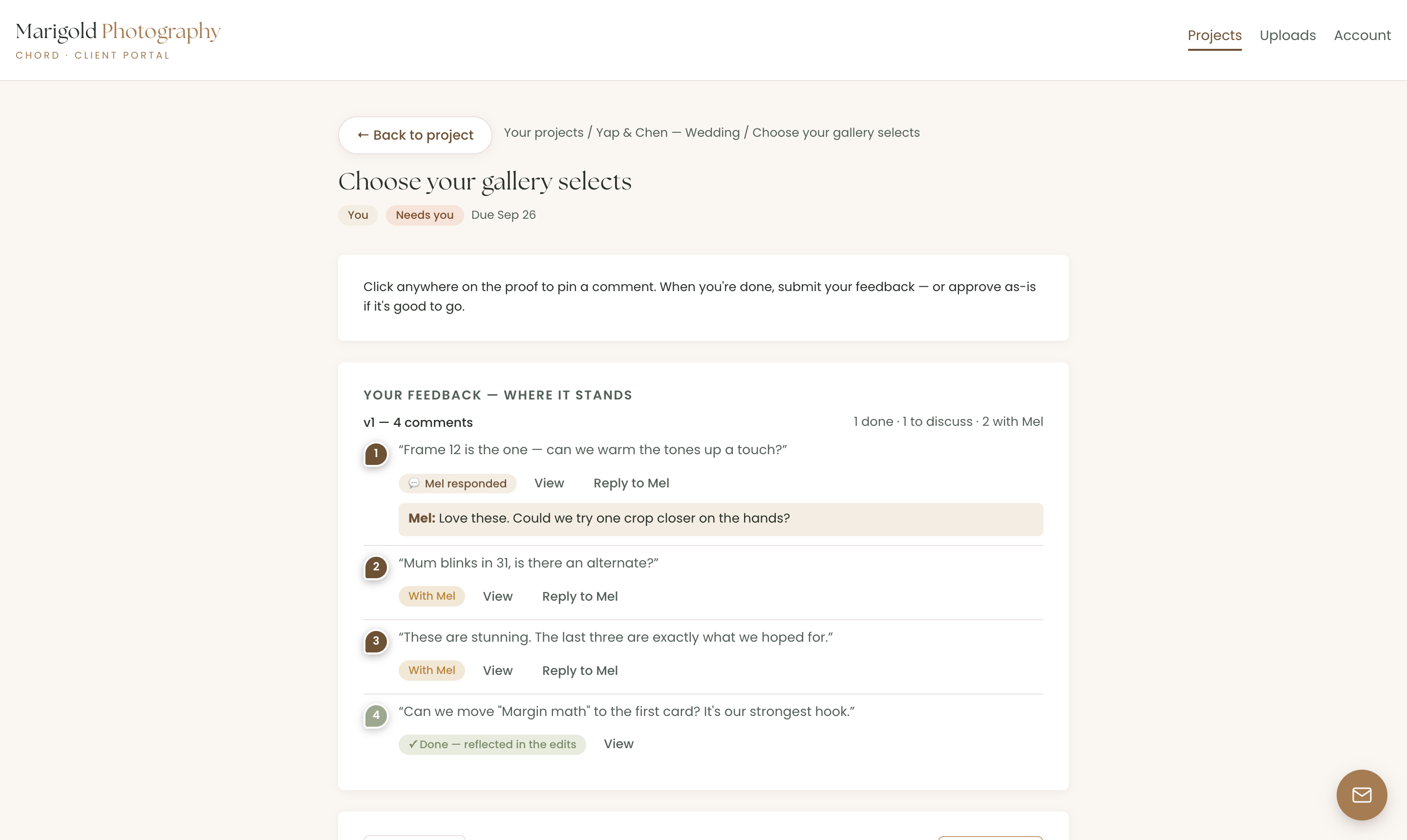 A client reviewing first-look previews in Chord, with numbered pinned comments like 'Frame 12 is the one — can we warm the tones up a touch?' and reply threads