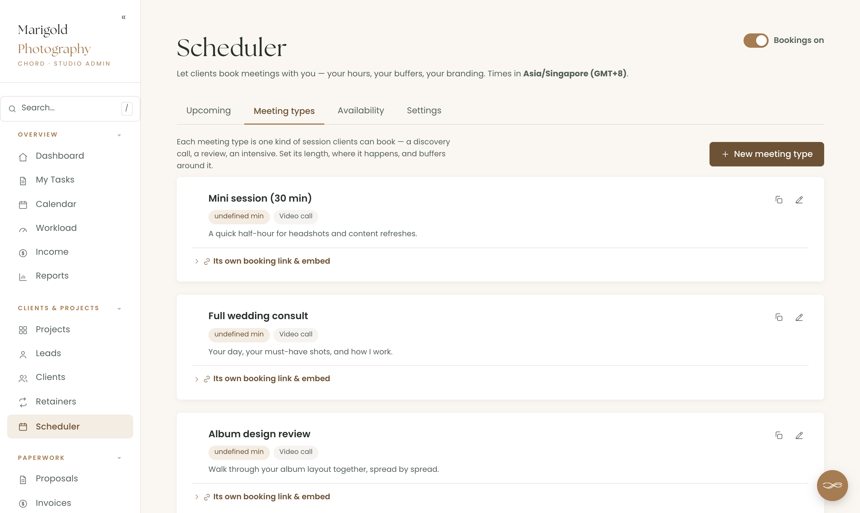 Chord's scheduler with photography meeting types: a mini session, a full wedding consult, and an album design review, each with its own length and buffers