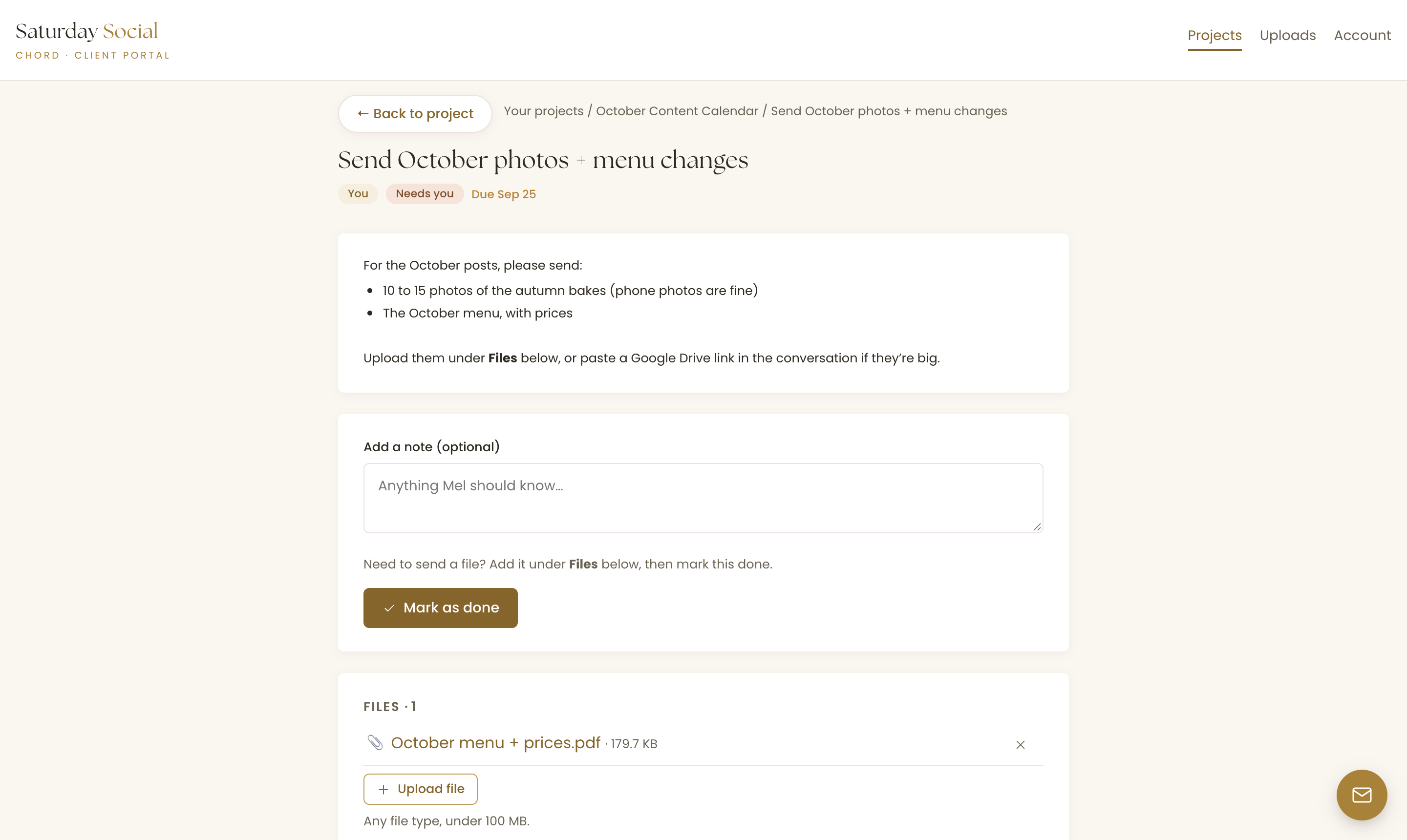 A client portal task called Send October photos and menu changes, due 25 September, with a short brief, a Mark as done button and an uploaded October menu PDF