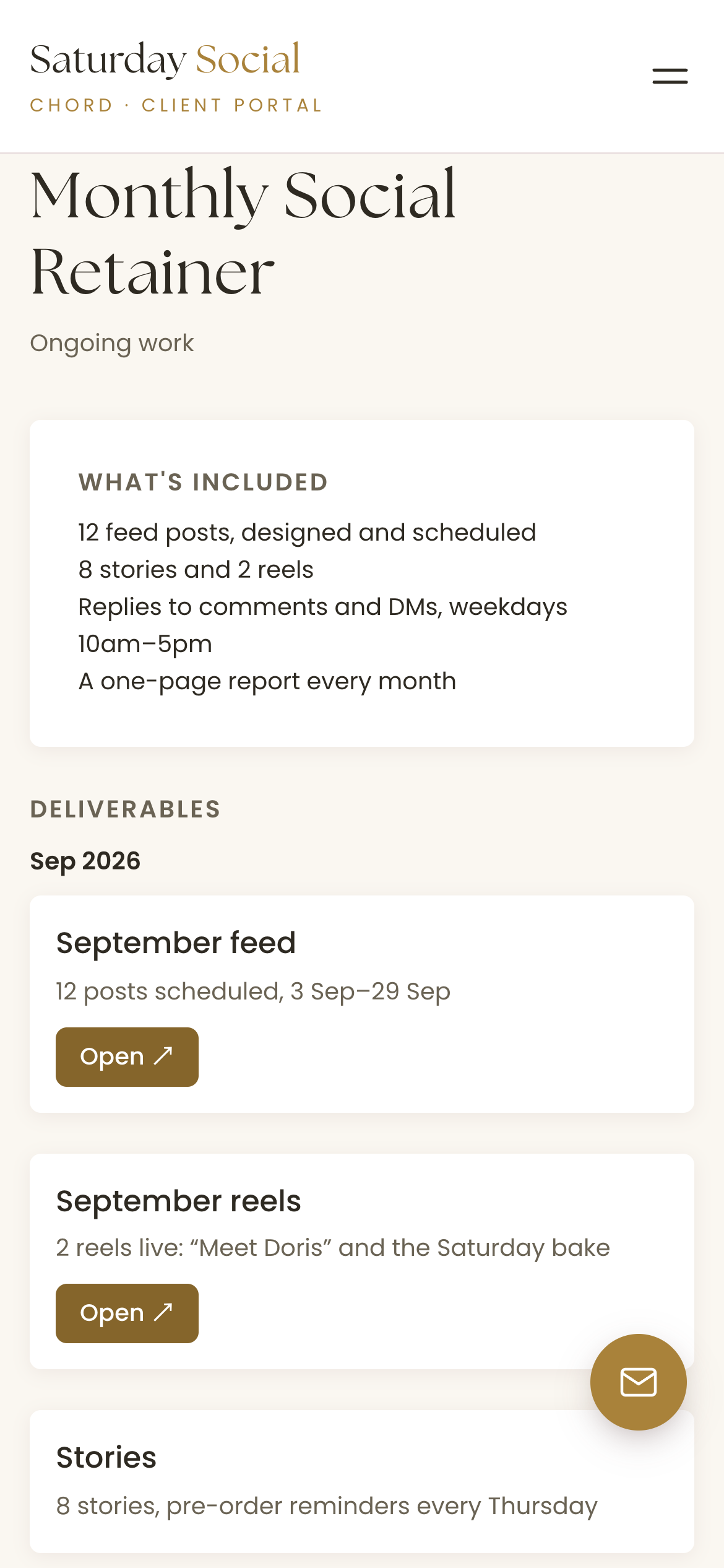A client's Chord portal on a phone showing the Monthly Social Retainer, what's included, and September's deliverables: the feed, two reels and stories, each with a short note