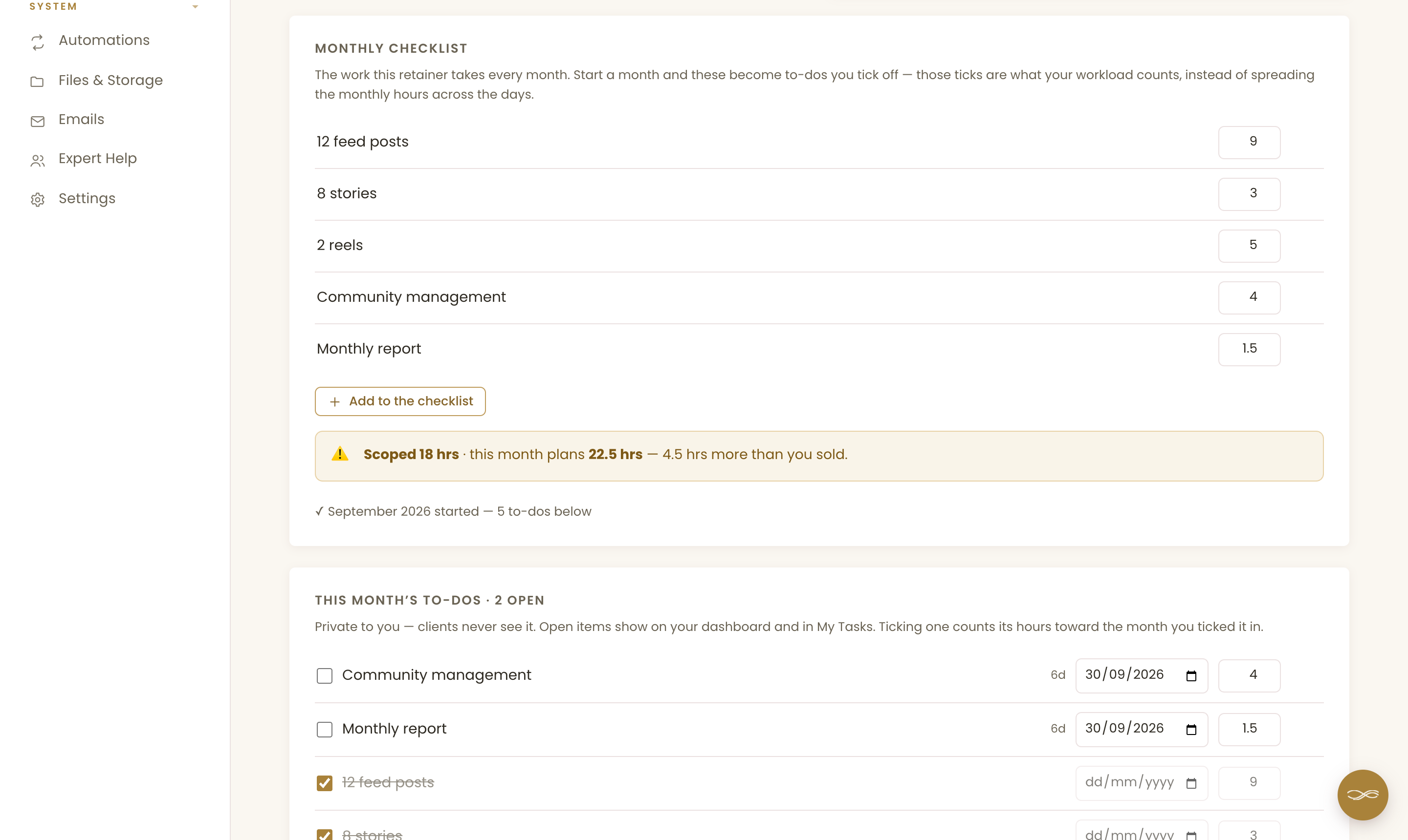 A Chord retainer's monthly checklist with 12 feed posts, 8 stories, 2 reels, community management and a monthly report, and a warning that the month plans 22.5 hours against 18 scoped