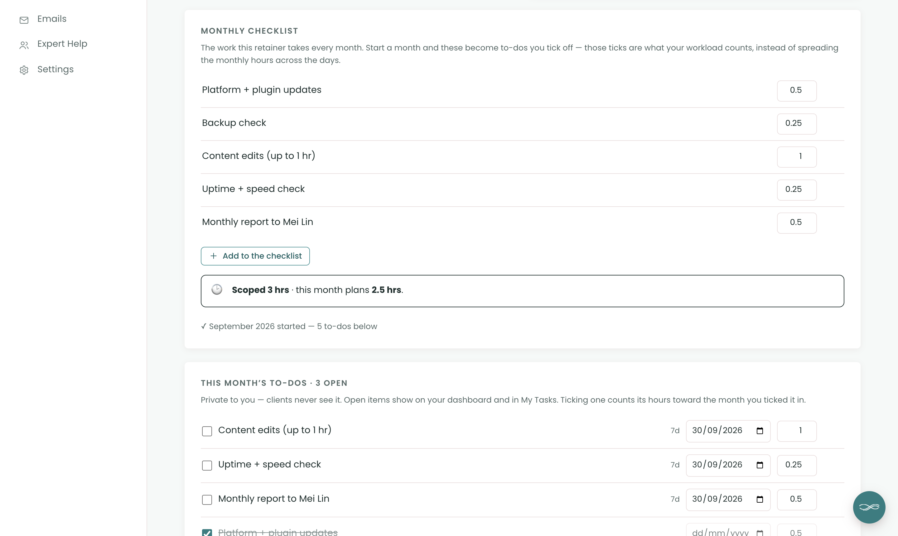 A website care plan retainer in Chord with a monthly checklist of platform updates, a backup check, content edits, an uptime check and a monthly report, each with its hours