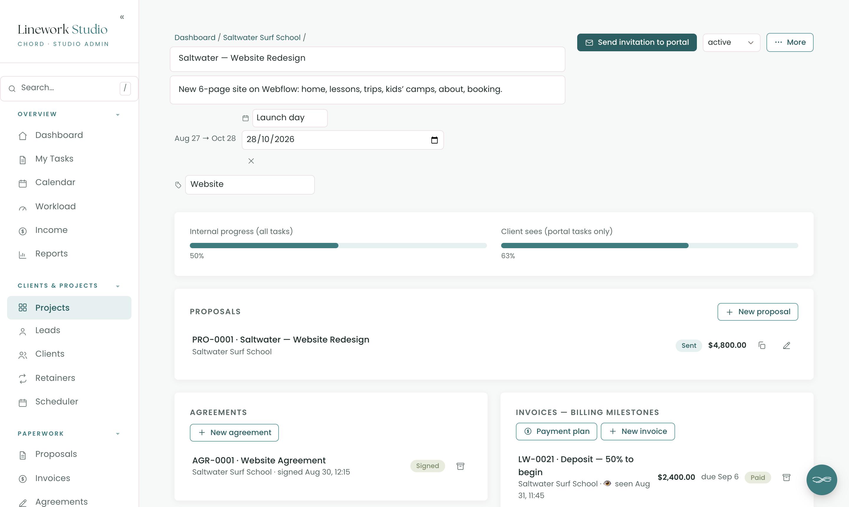 A website redesign project in Chord with a Launch day key date of 28 October, the proposal, the signed agreement and the paid deposit invoice