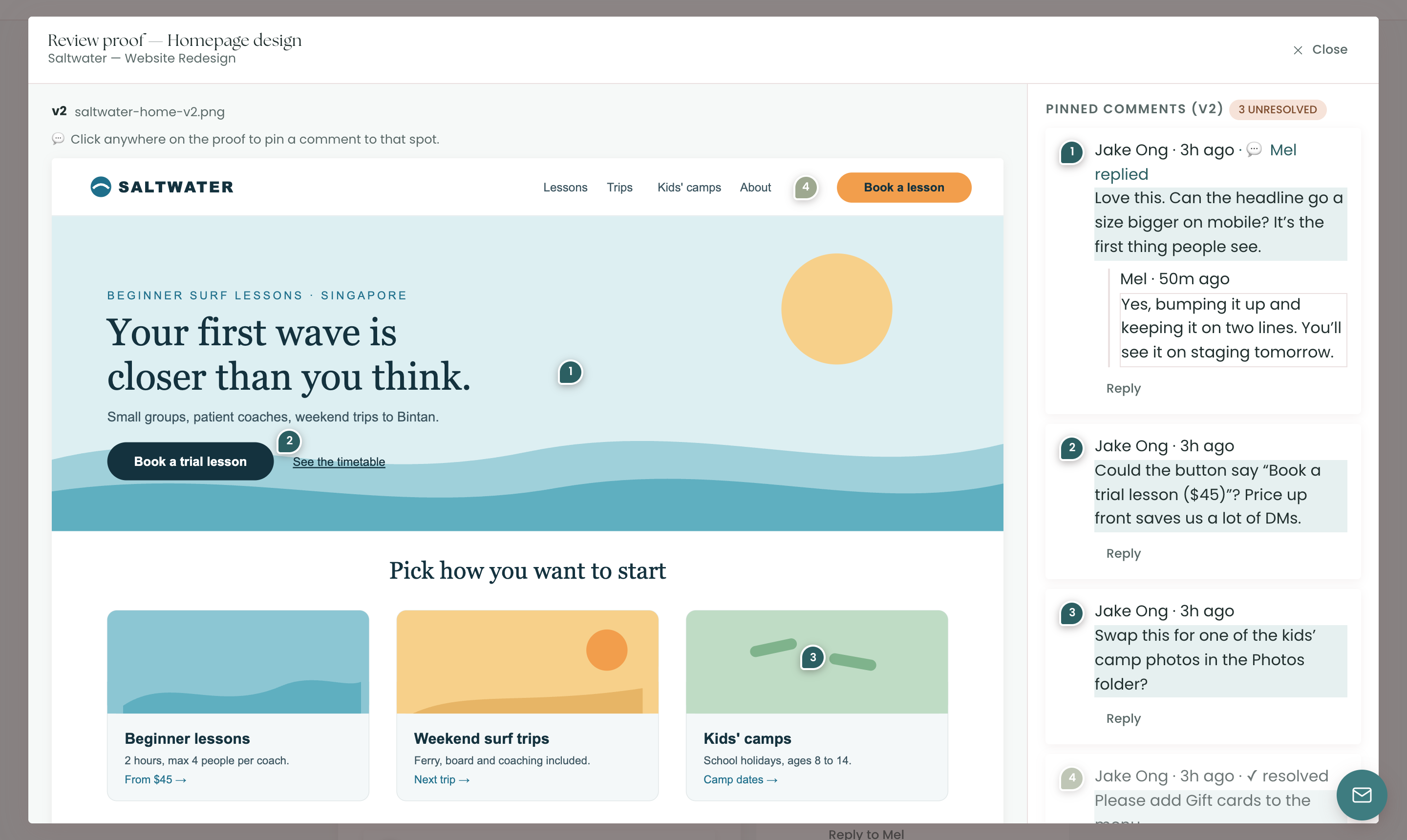 A homepage design for Saltwater Surf School in Chord's proof viewer, with numbered pins on the headline, the button, a card photo and the menu, and the client's comments and the designer's reply alongside