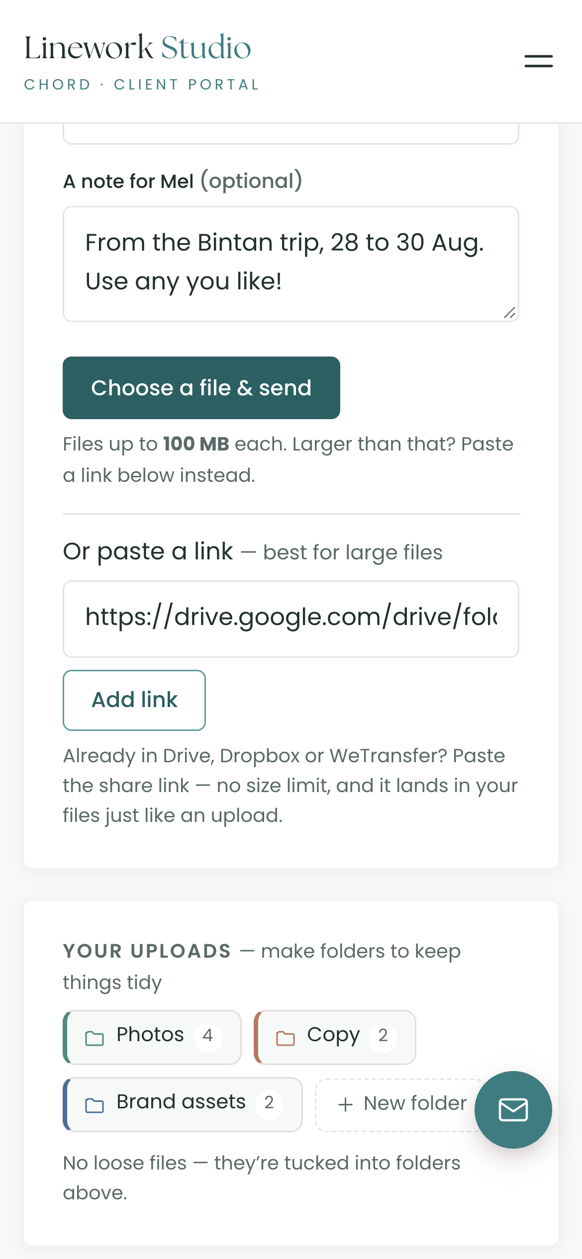A client's Uploads page in Chord on a phone, with a file upload button, a pasted Google Drive link and colour-coded folders for Photos, Copy and Brand assets