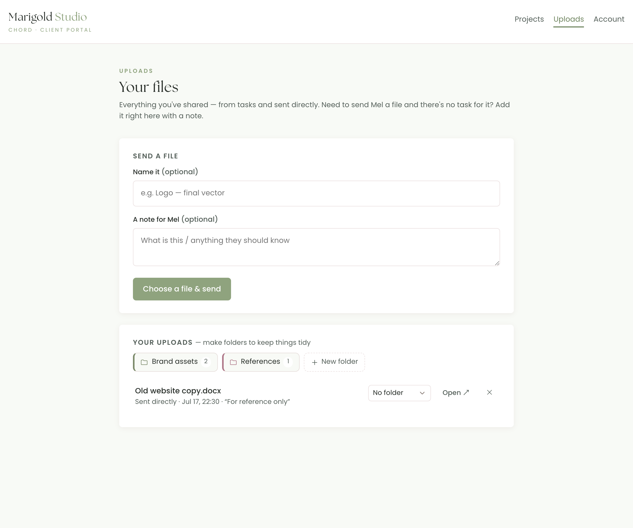 Colour-coded folders in the client portal, organising a client's uploaded files