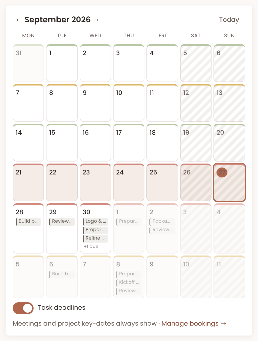 Chord's calendar for September 2026, with each week edged green, amber or red by how full it is