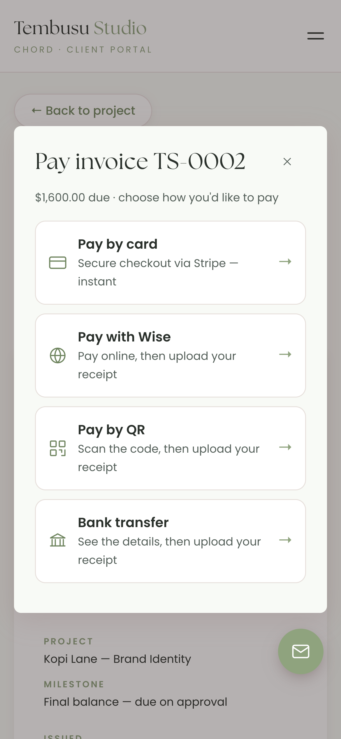 A client's phone showing a Chord invoice with four ways to pay: card, a Wise link, a QR code and bank transfer