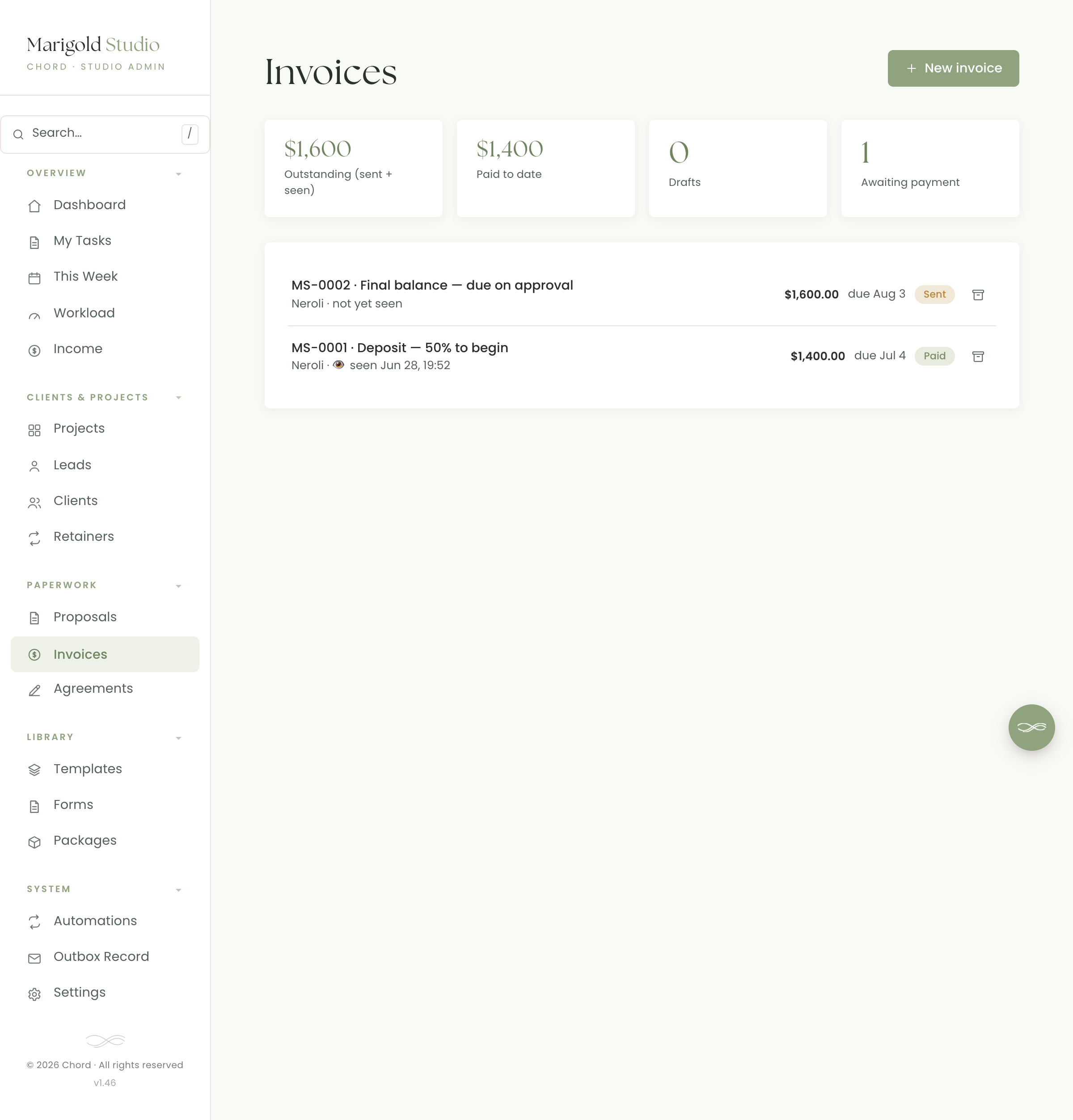 Chord invoices list
