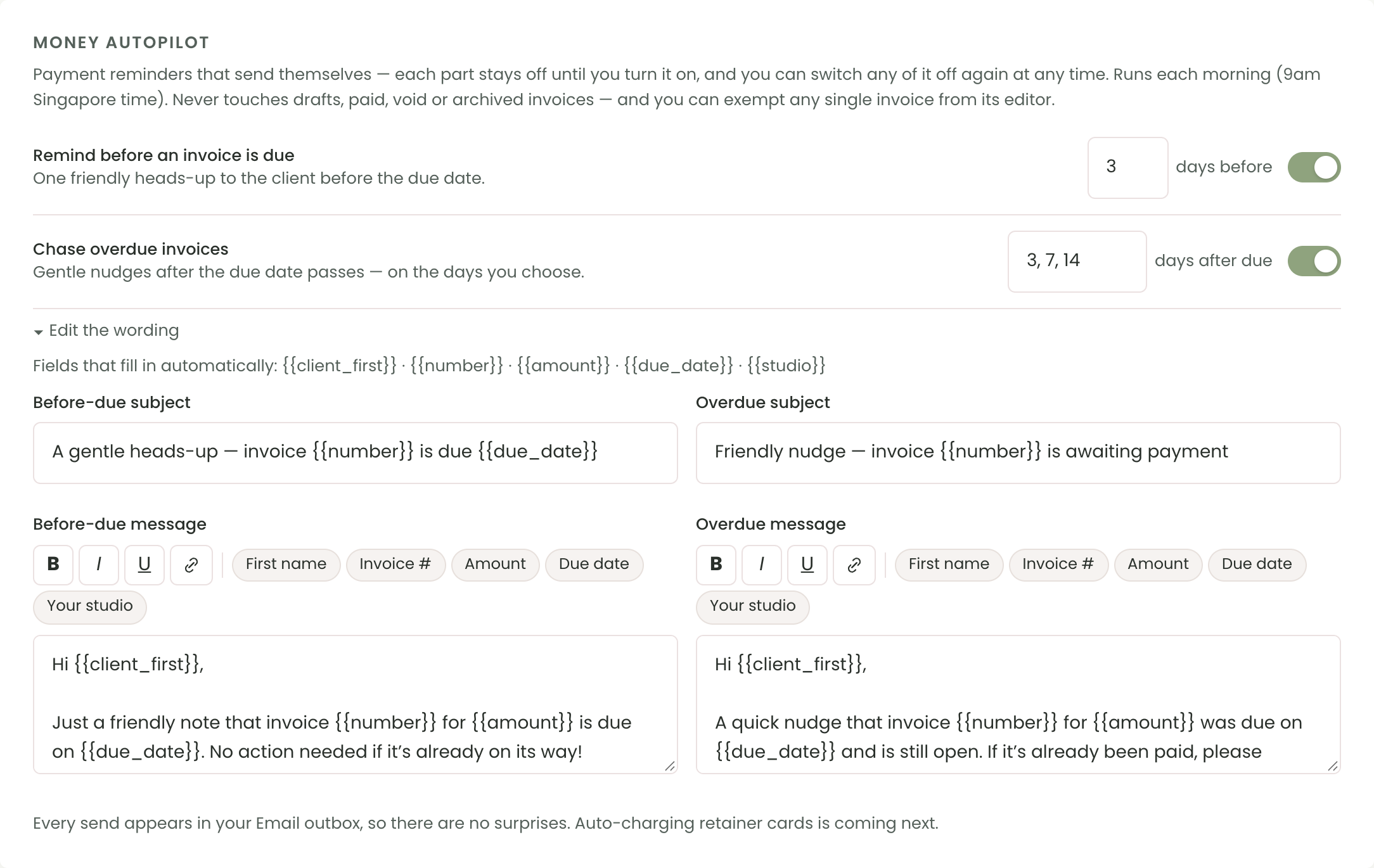 Chord's Money autopilot settings: a reminder three days before an invoice is due, and nudges three, seven and fourteen days after