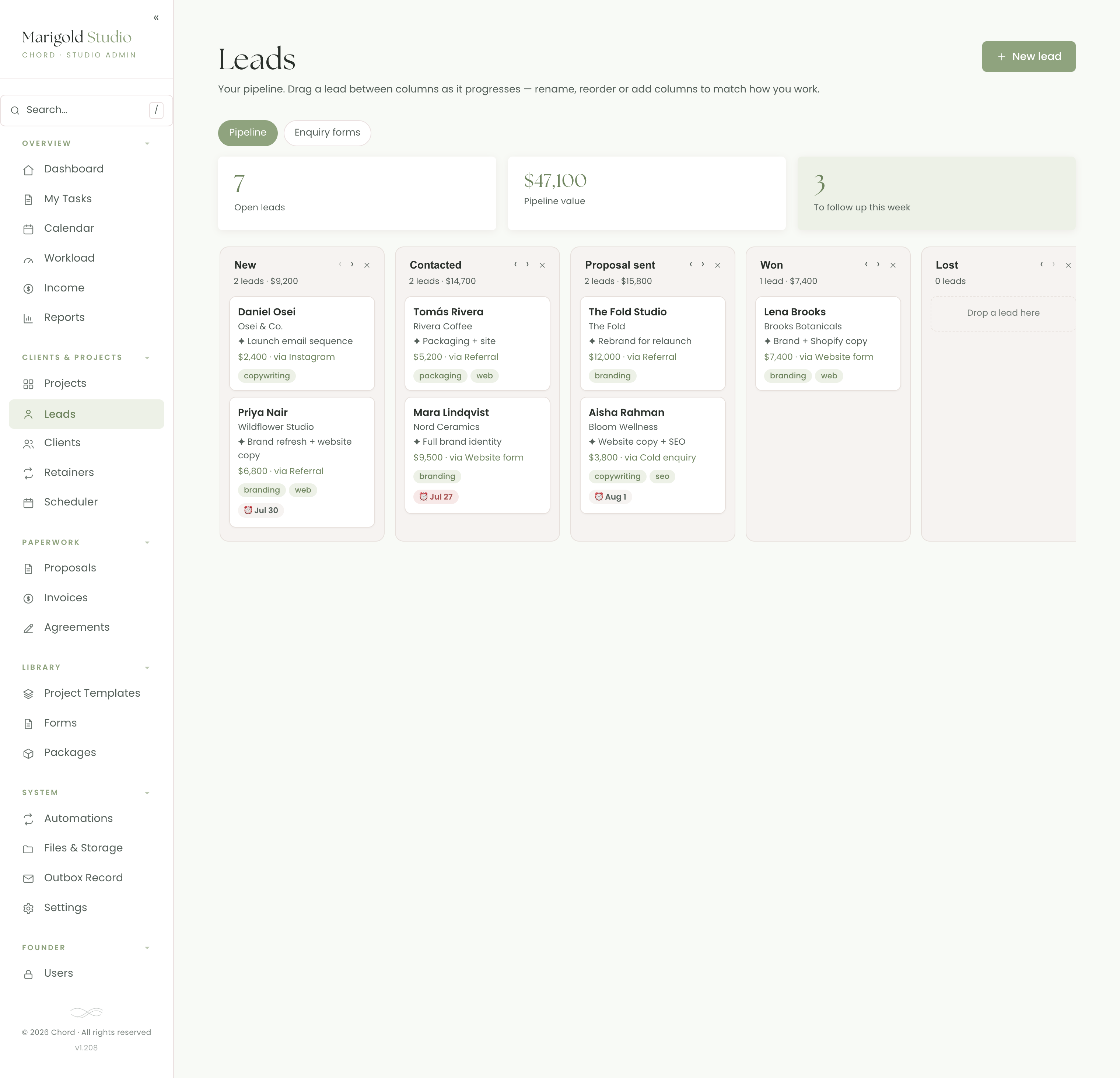 Chord's leads pipeline board with columns for New, Contacted, Proposal sent and Won