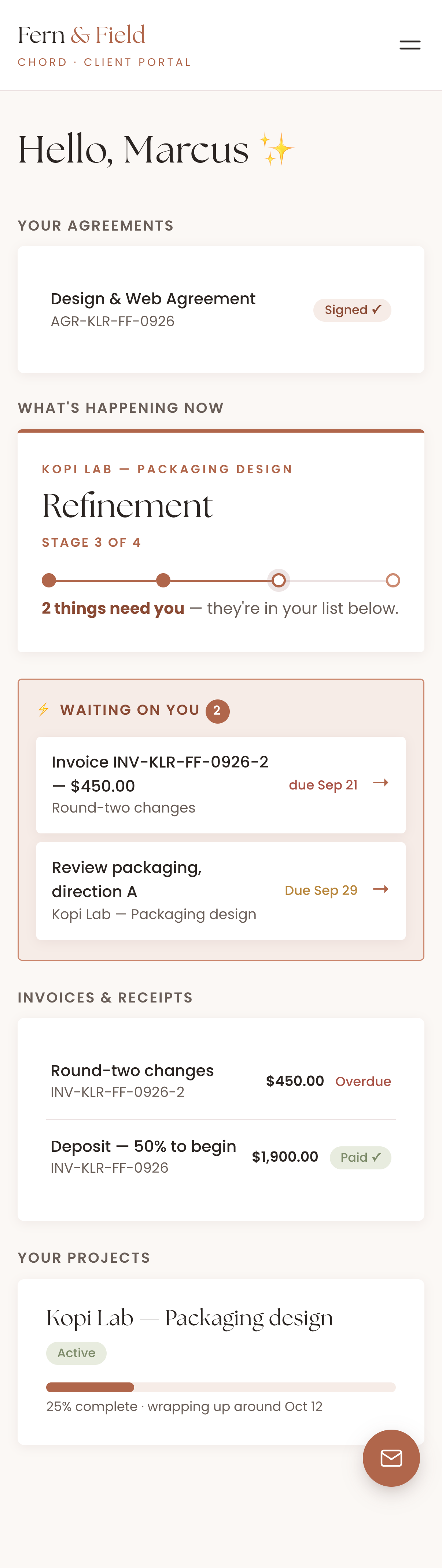 Client portal waiting-on-you list and timeline