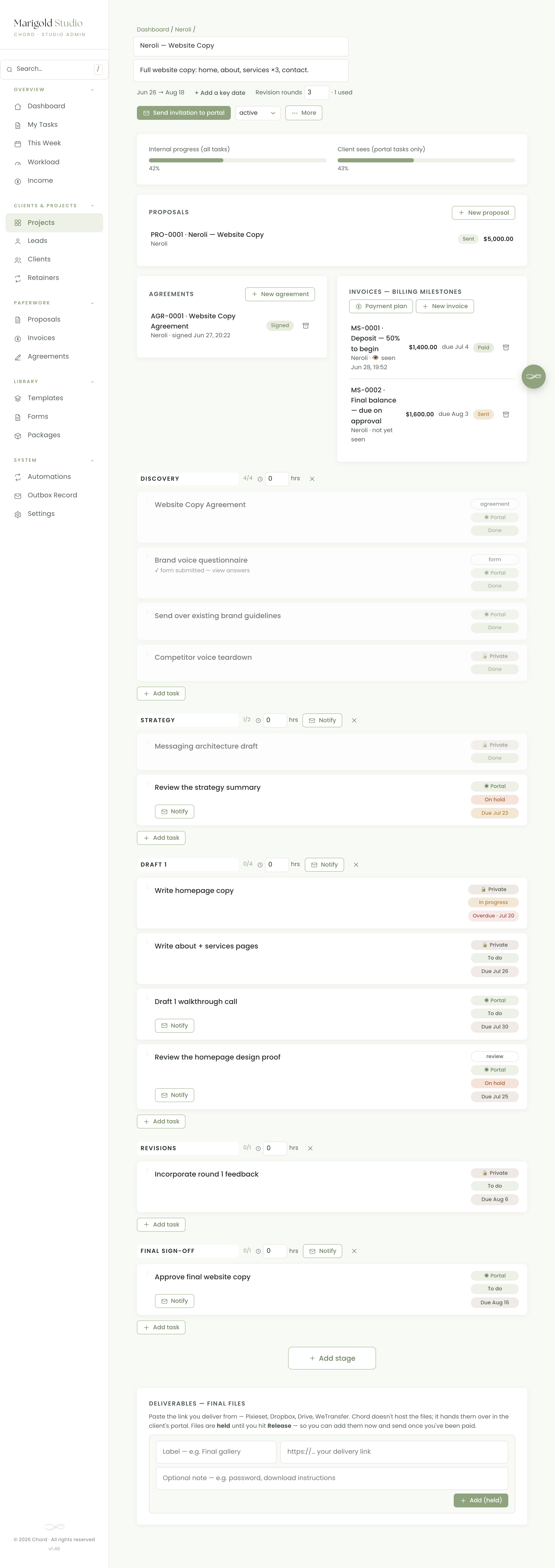 A Chord project page with stages, tasks and timeline