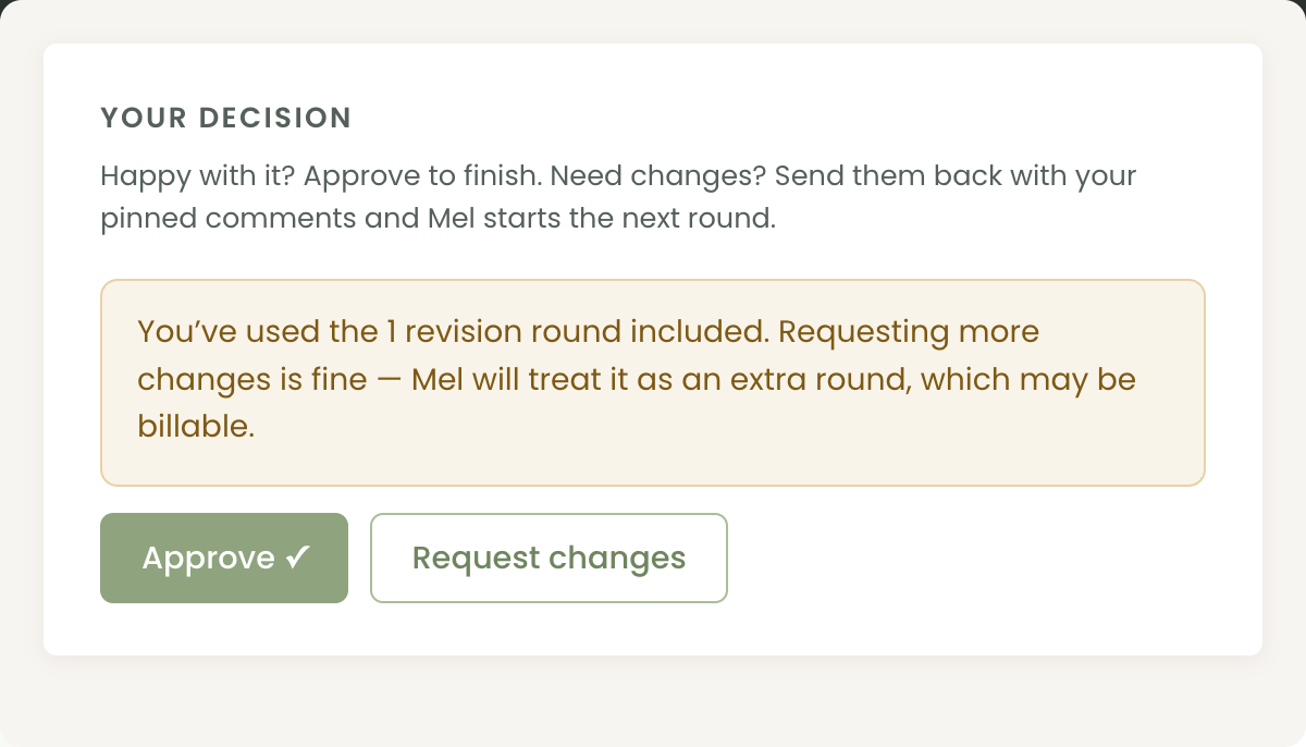 A client's review screen in Chord noting the included revision rounds have been used