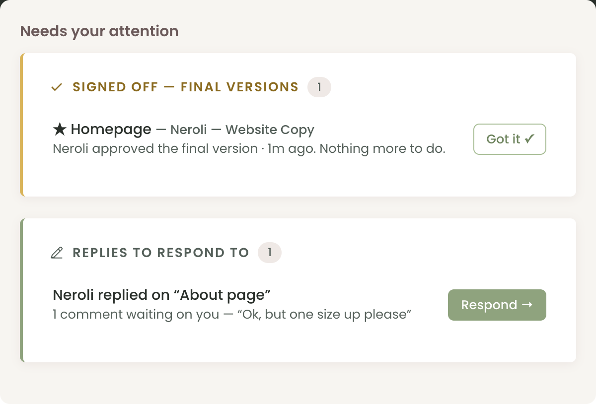 Chord's dashboard showing a signed-off final version and a client reply that needs a response