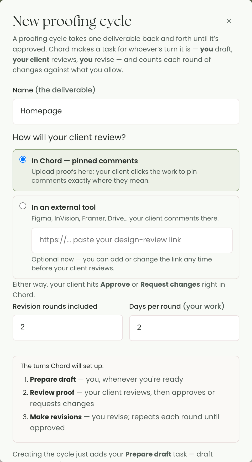 Setting up a proofing cycle in Chord — name the deliverable and choose how the client reviews